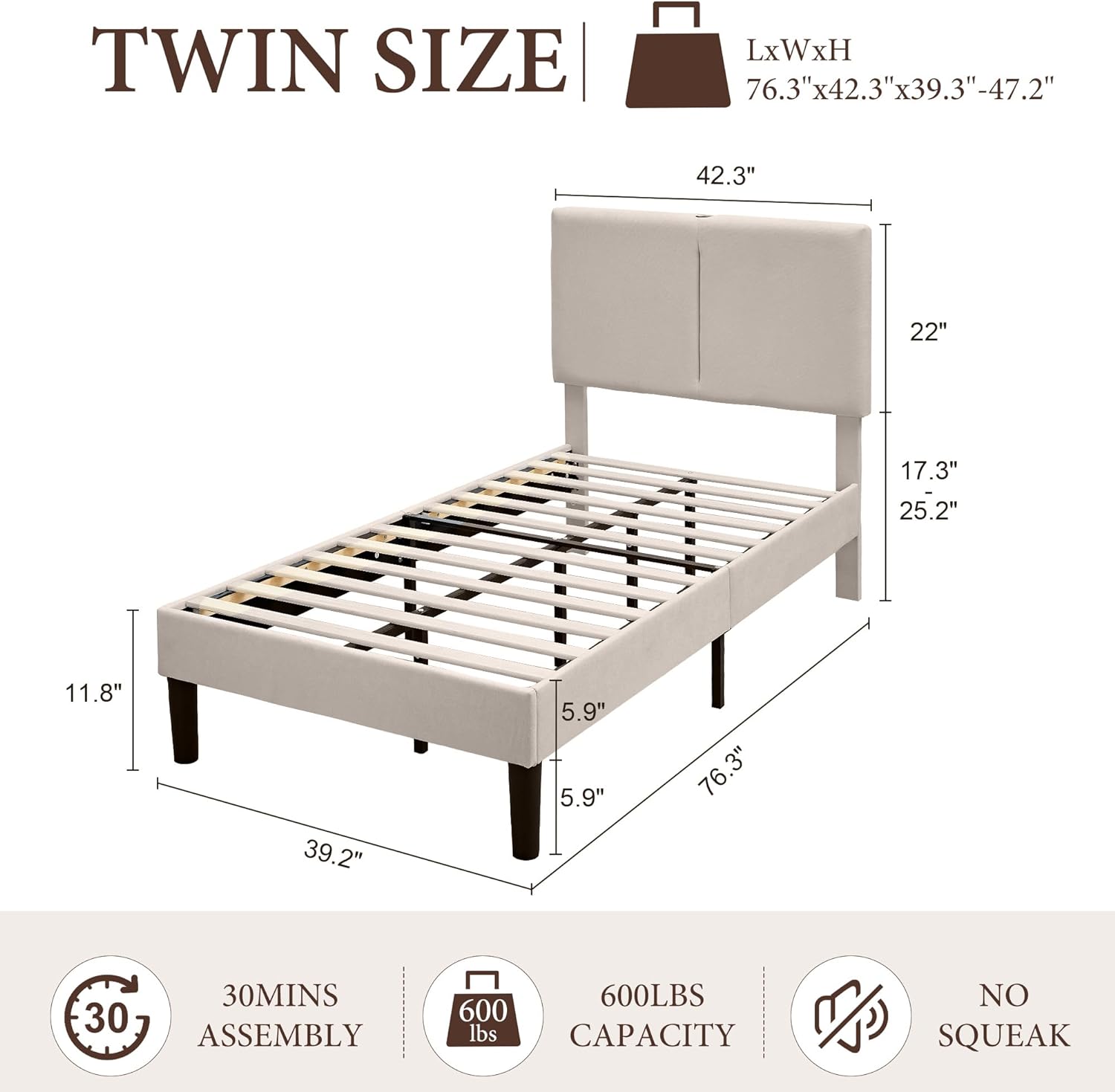 VECELO Twin/Full/Queen Bed Frame Upholstered Platform with Type-C & USB Ports Height-Adjustable Cotton and Linen Headboard - VECELO