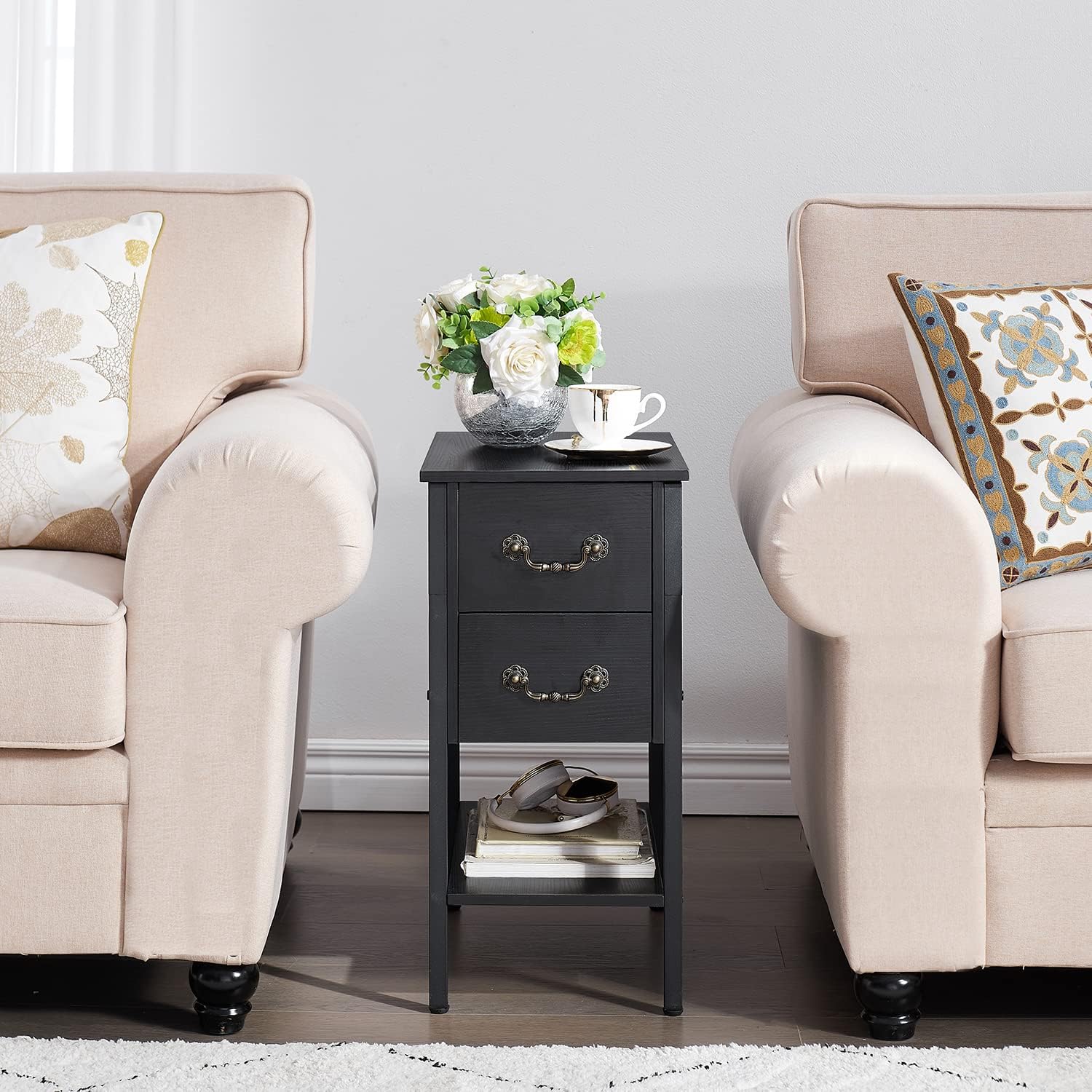 VECELO End Tables,Narrow Nightstands with Charging Station & USB Ports &Drawers - VECELO