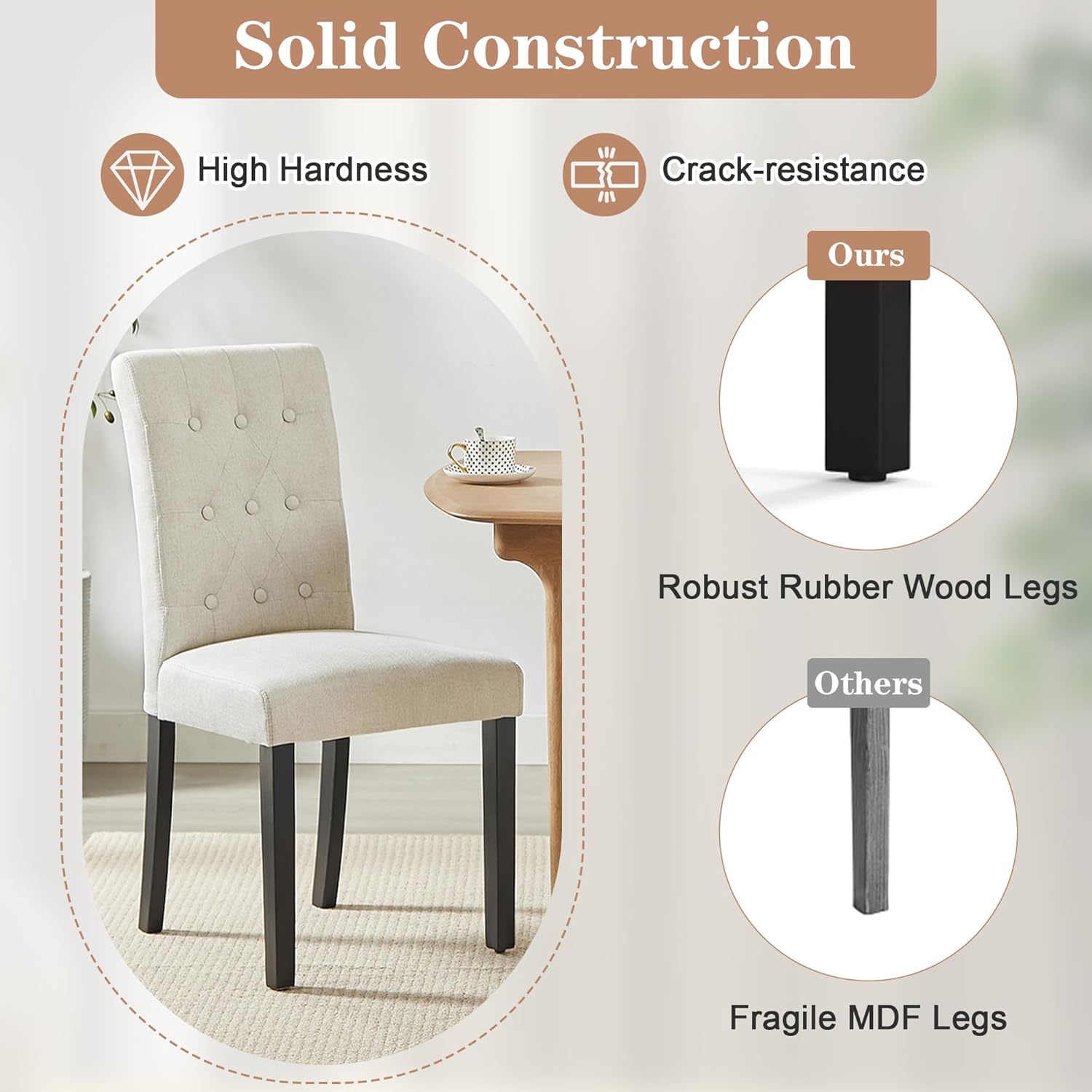 VECELO Upholstered Dining Chairs Set of 2 Button Tufted Back, Padded Seat, Wood Legs with Rubber Footpads - VECELO