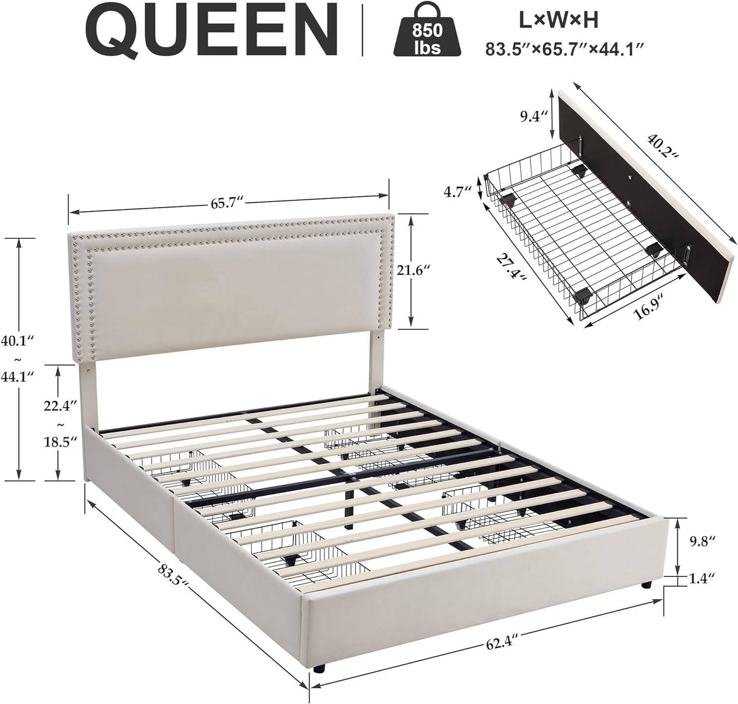 VECELO Upholstered Platform Bed Frame Platform with 4 Storage Drawers - VECELO