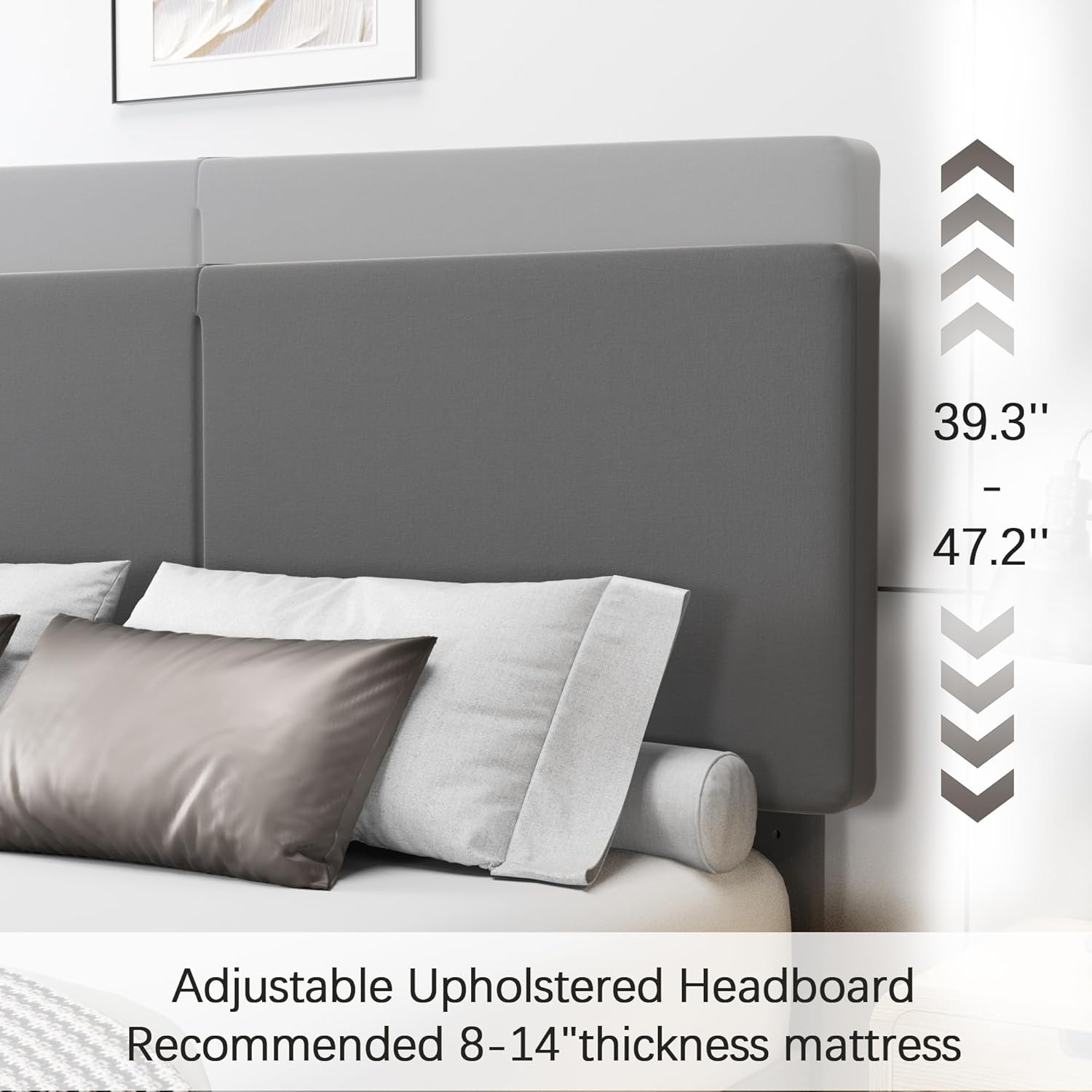 VECELO Twin/Full/Queen Bed Frame Upholstered Platform with Type-C & USB Ports Height-Adjustable Cotton and Linen Headboard - VECELO