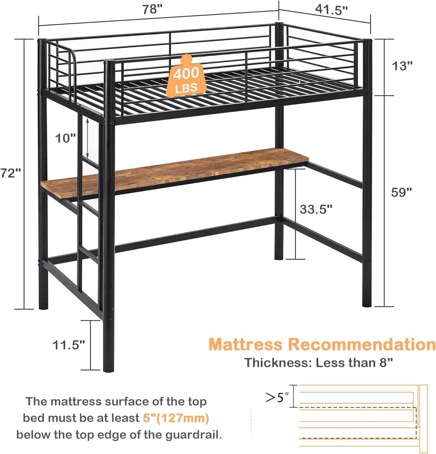 VECELO Metal Twin Size Loft Bed with Desk - VECELO