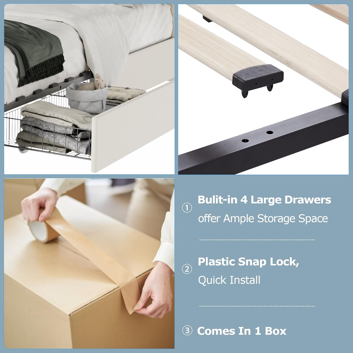 VECELO Upholstered Bed Frame with 4 Storage Drawers and Adjustable Velvet Headboard - VECELO