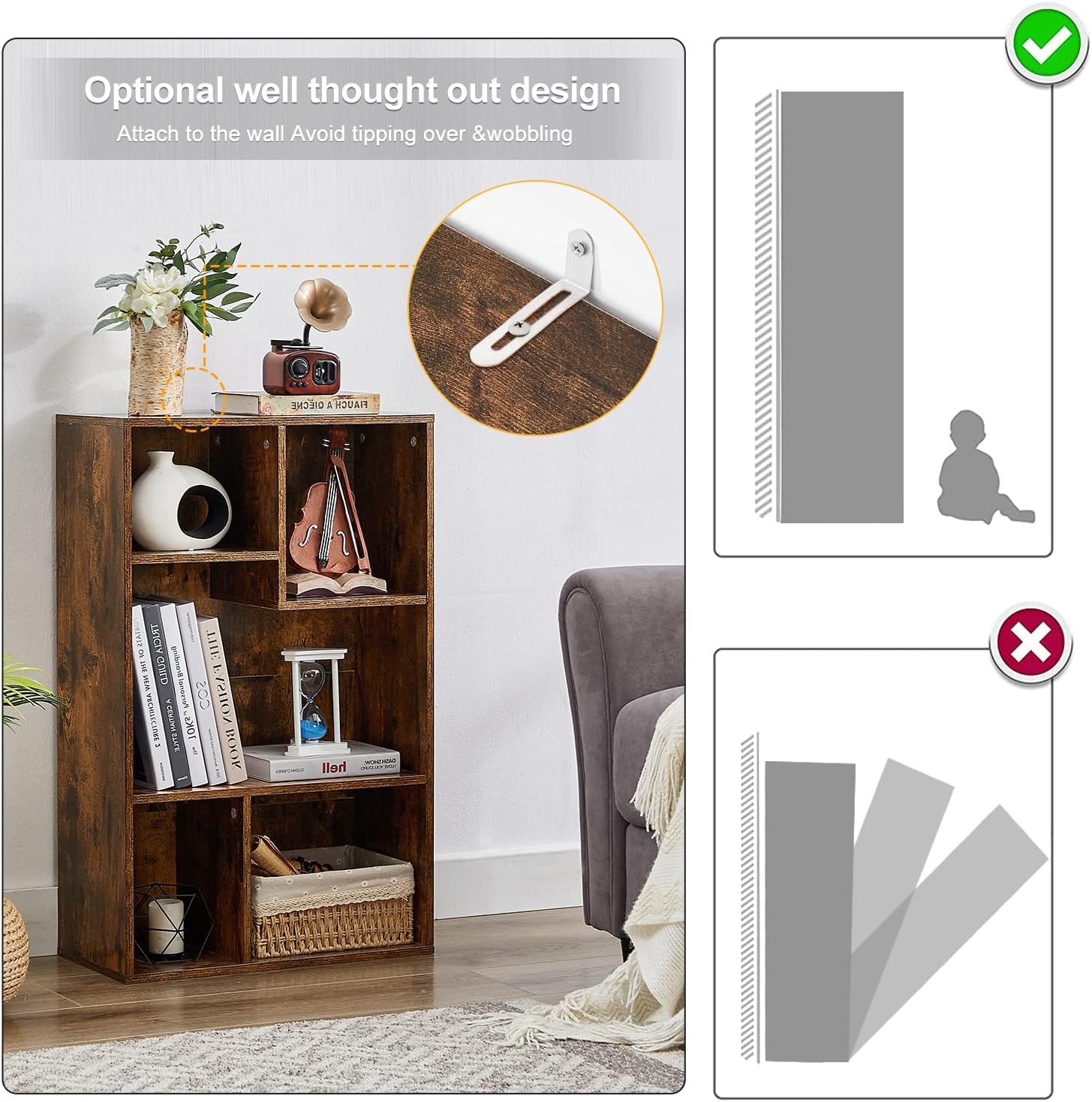 VECELO Modern 3-Tier Small Bookcase, 4 Cube/5 Cube Bookshelf/Storage Organizer - VECELO