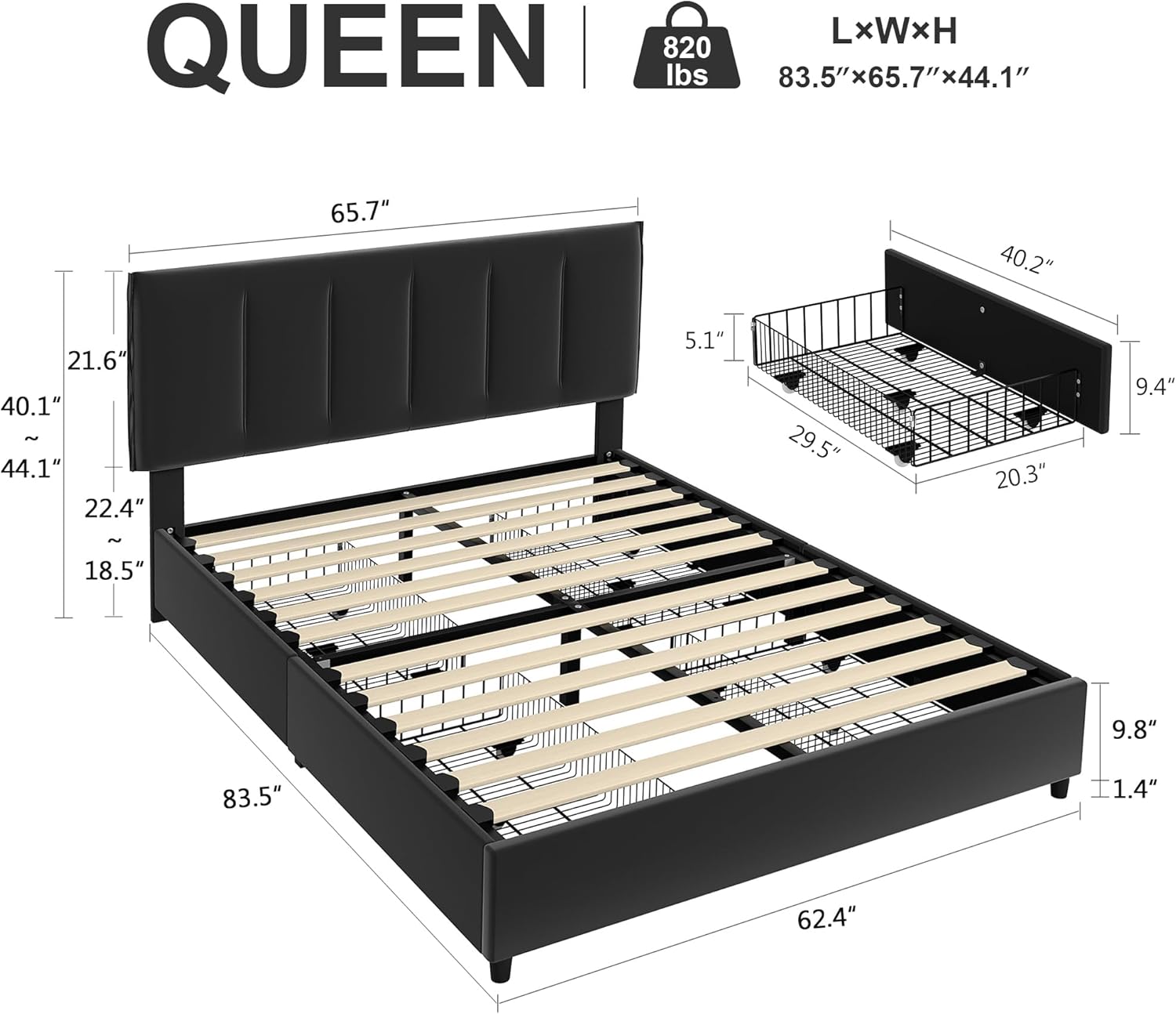 VECELO Upholstered Bed Frame with 4 Storage Drawers and Adjustable Velvet Headboard - VECELO