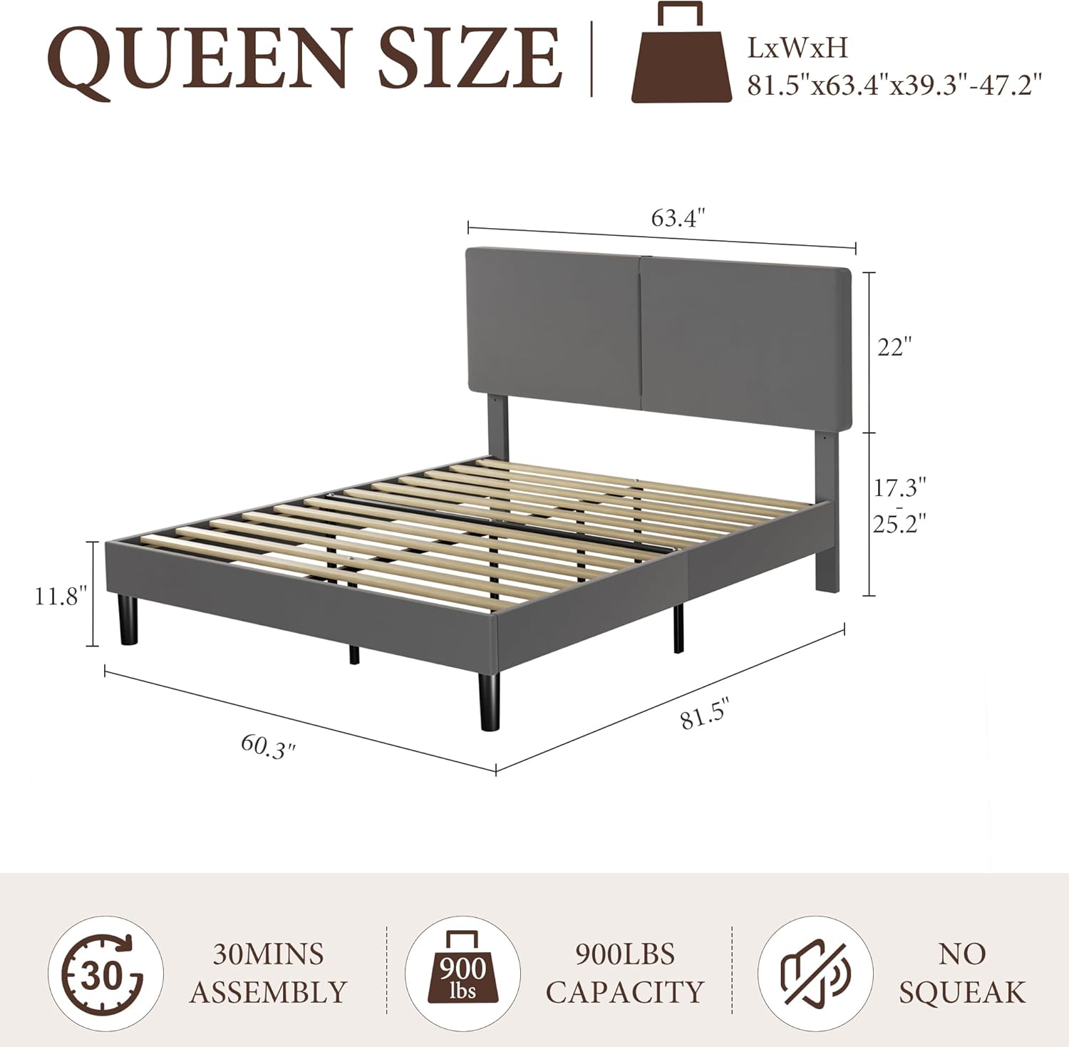 VECELO Twin/Full/Queen Bed Frame Upholstered Platform with Type-C & USB Ports Height-Adjustable Cotton and Linen Headboard - VECELO