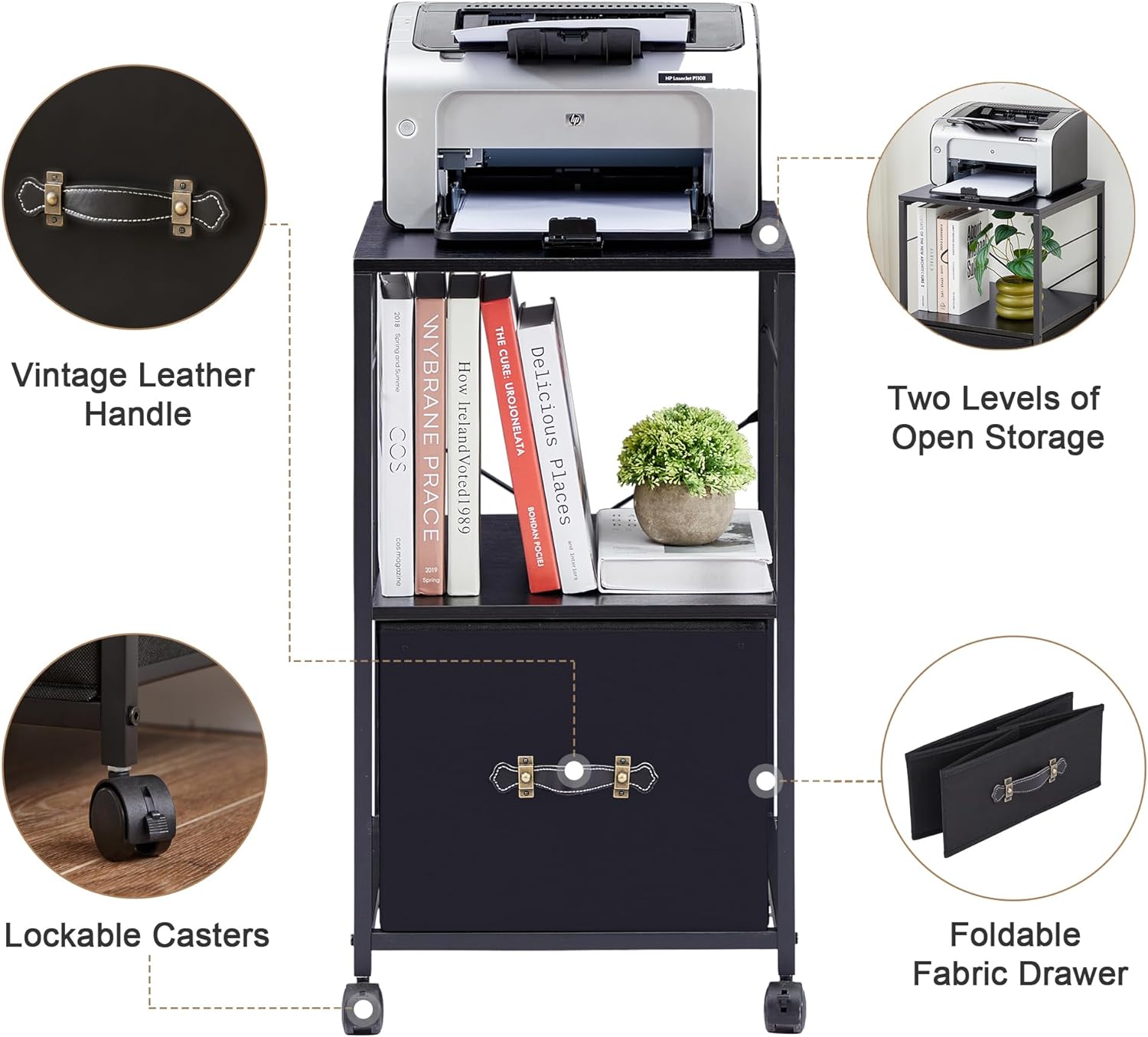 VECELO File Cabinet with Open Storage Shelf, Rolling Printer Stand with Large Fabric Drawer - VECELO