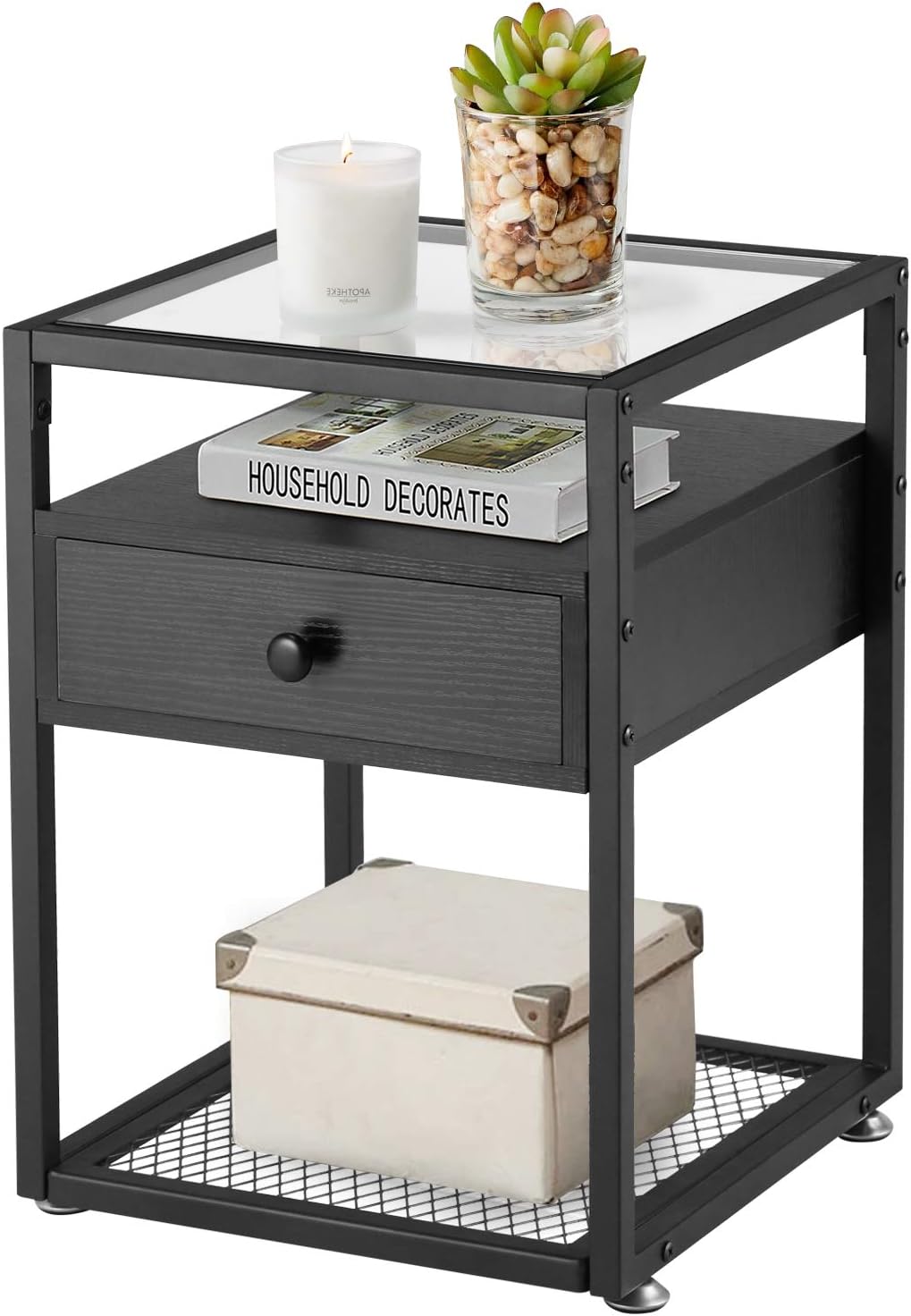 VECELO Nightstands,Glass Top End Tables with Drawer and Shelf - VECELO