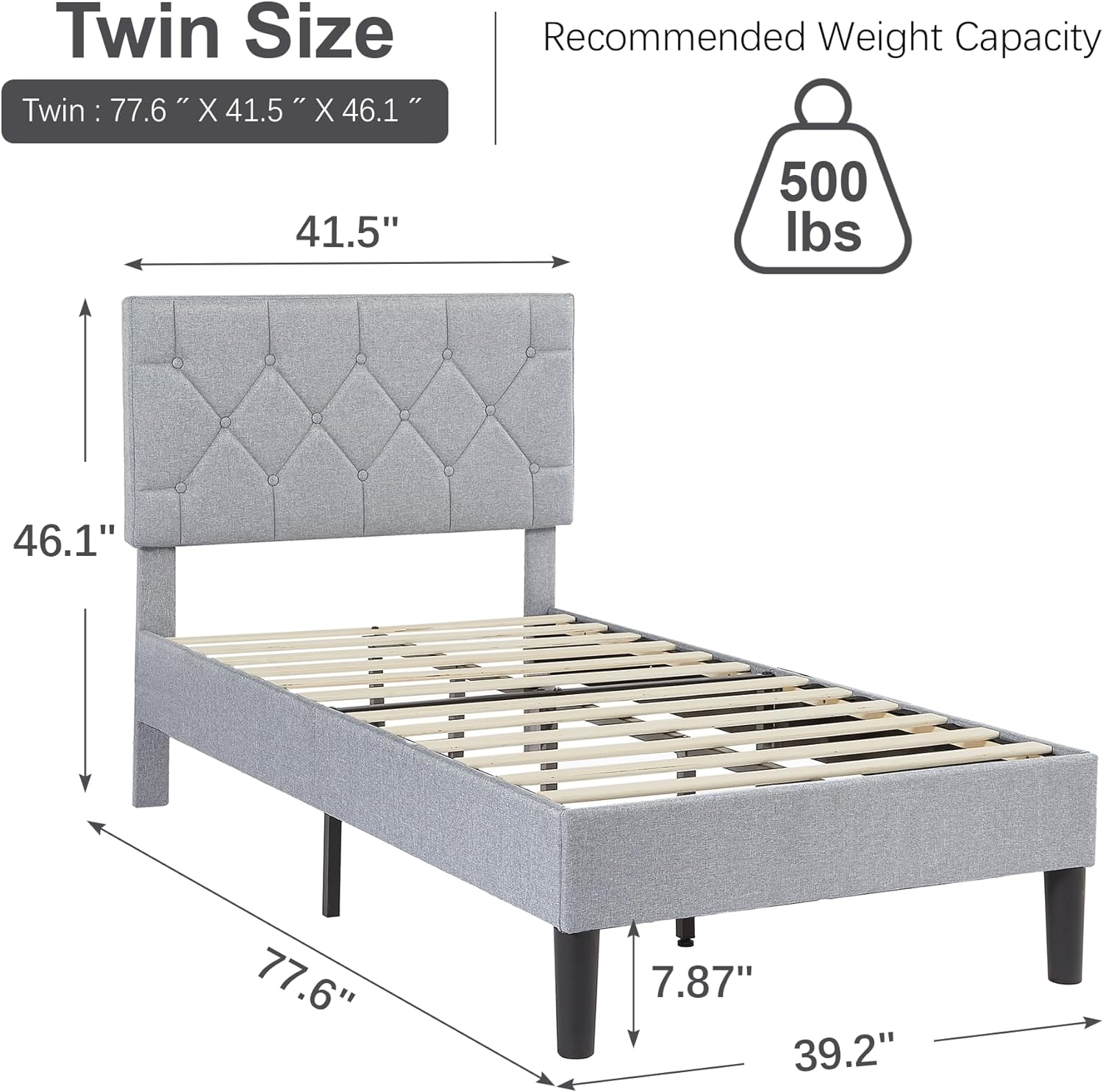 VECELO Bed Frame, Upholstered Platform with Adjustable Diamond Tufted Headboard - VECELO