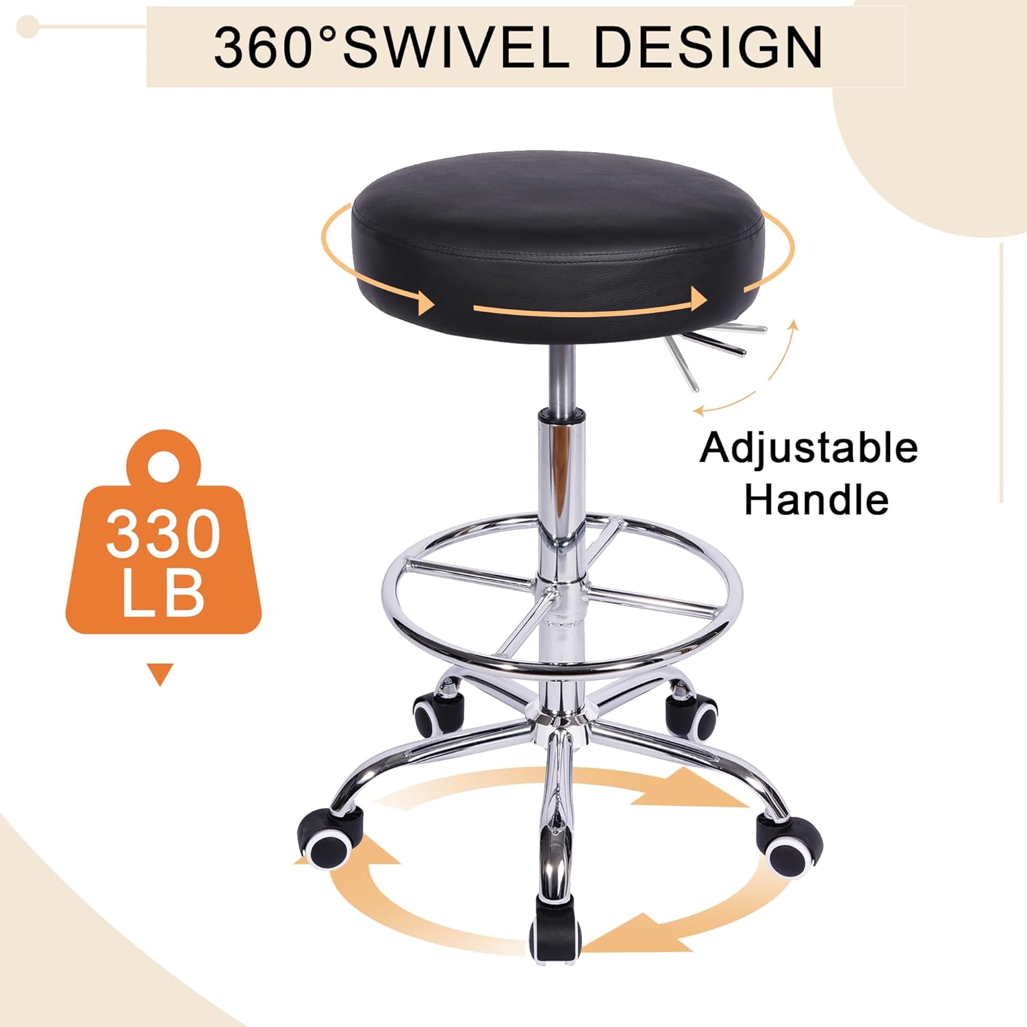 VECELO Round Rolling Stool with Footrest and Wheels - VECELO