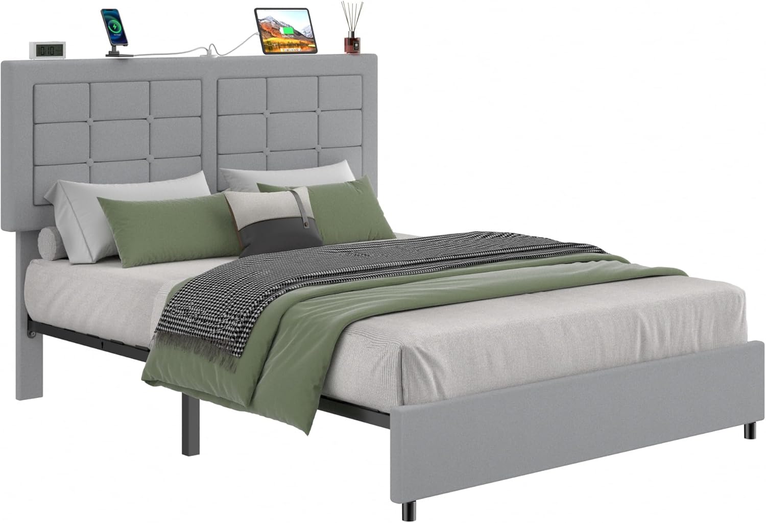 VECELO Bed Frame with 4 Drawers, Adjustable Tufted Button Headboard - VECELO