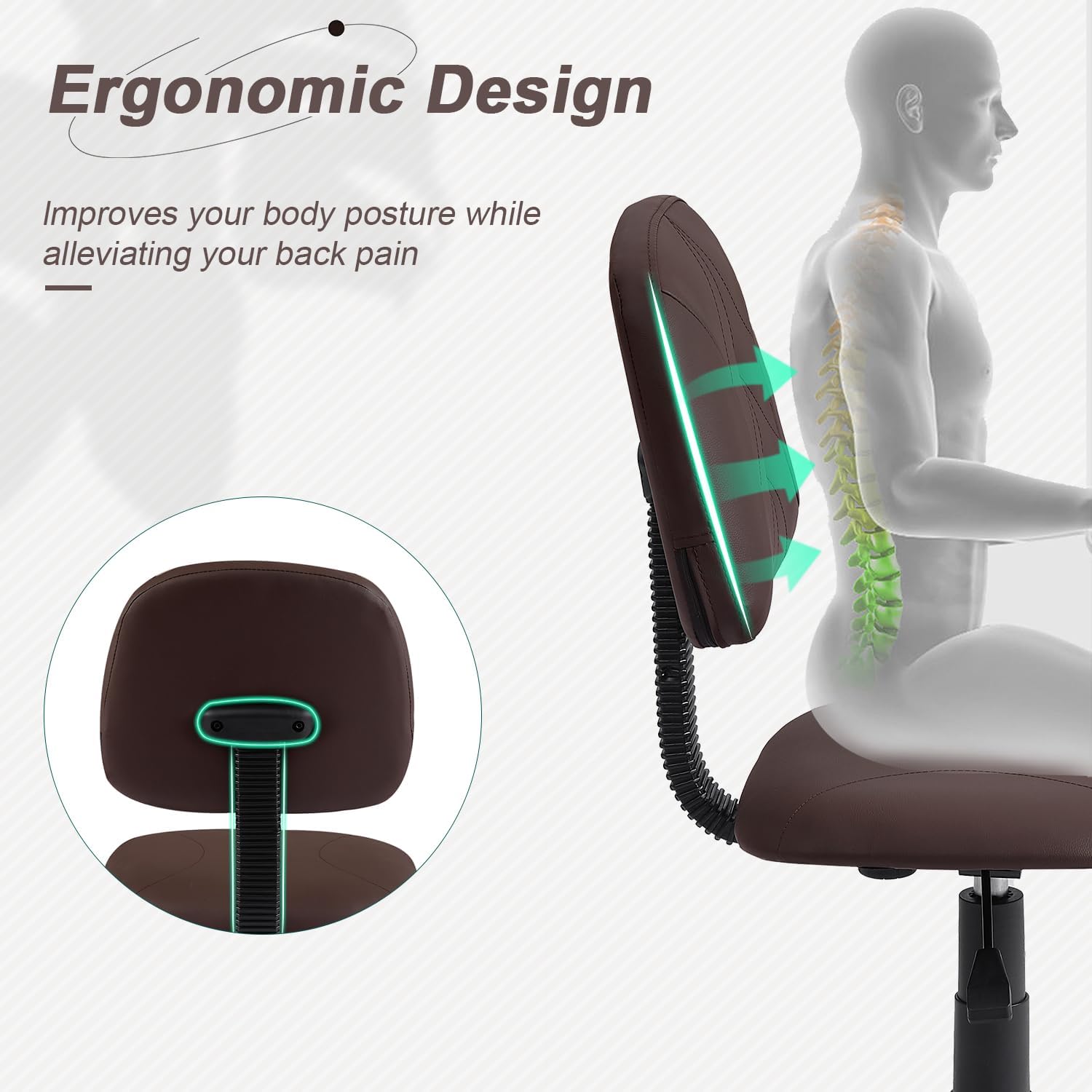 VECELO Small Desk Armless Low-Backrest PU Leather Ergonomic Computer Chair - VECELO