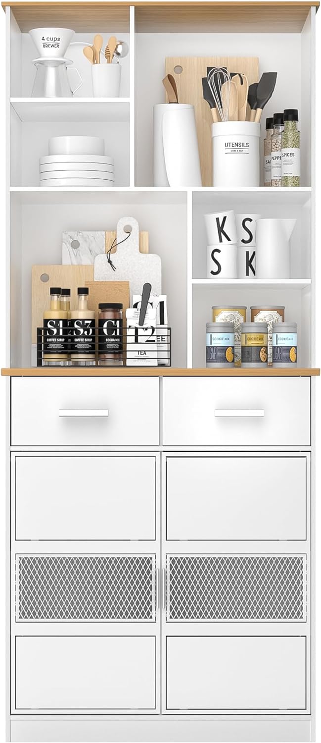 VECELO Floor Storage Cabinet 72" Free Standing Kitchen Pantry Buffet Cupboard with Multi Open Shelves and 2 Drawers - VECELO