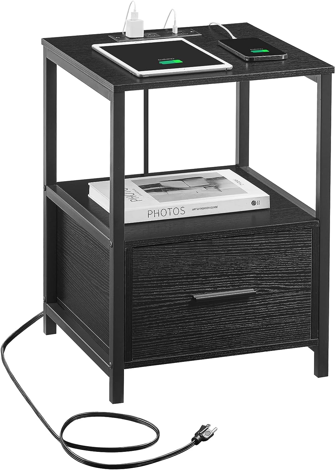 VECELO Modern Nightstand with Charging Station and USB Ports End Side Table - VECELO