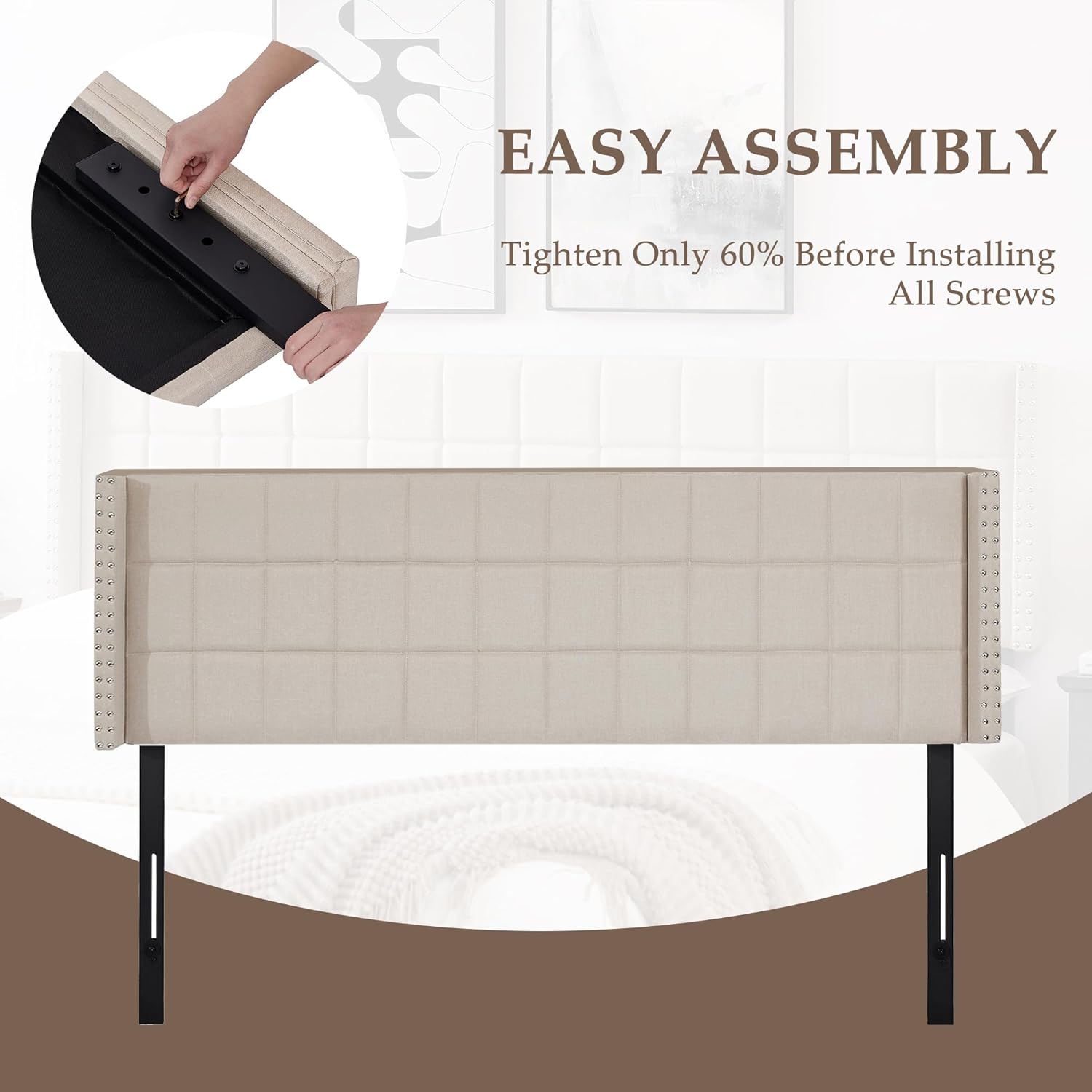 VECELO Linen Upholstered Headboard for Queen/King Size Bed, Tufted Nailhead & Double Wingback for Bedroom - VECELO