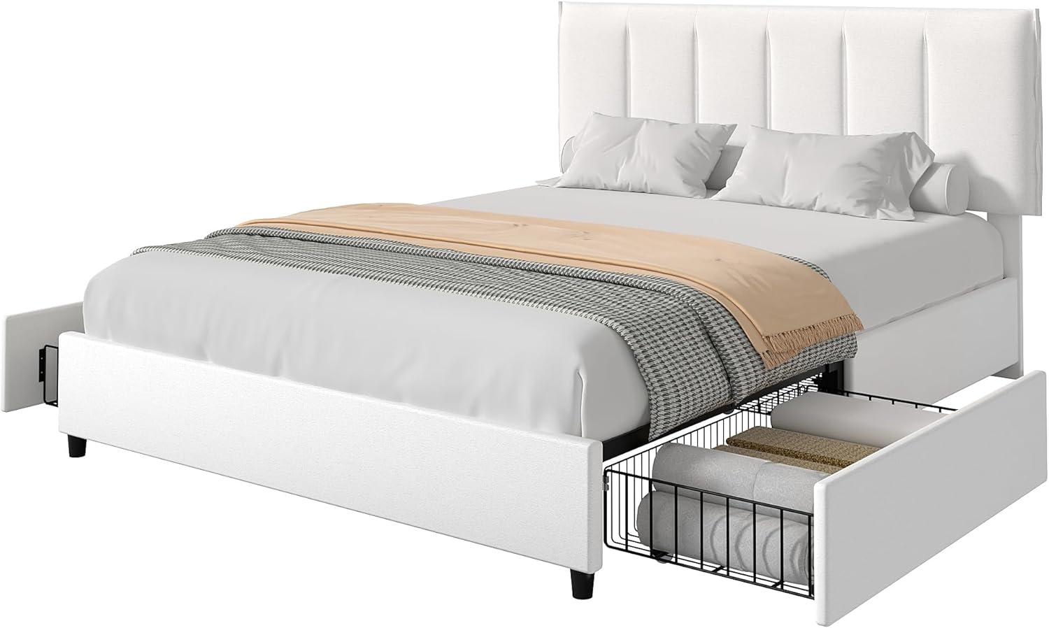 VECELO Upholstered Bed Frame with 4 Storage Drawers and Adjustable Velvet Headboard - VECELO