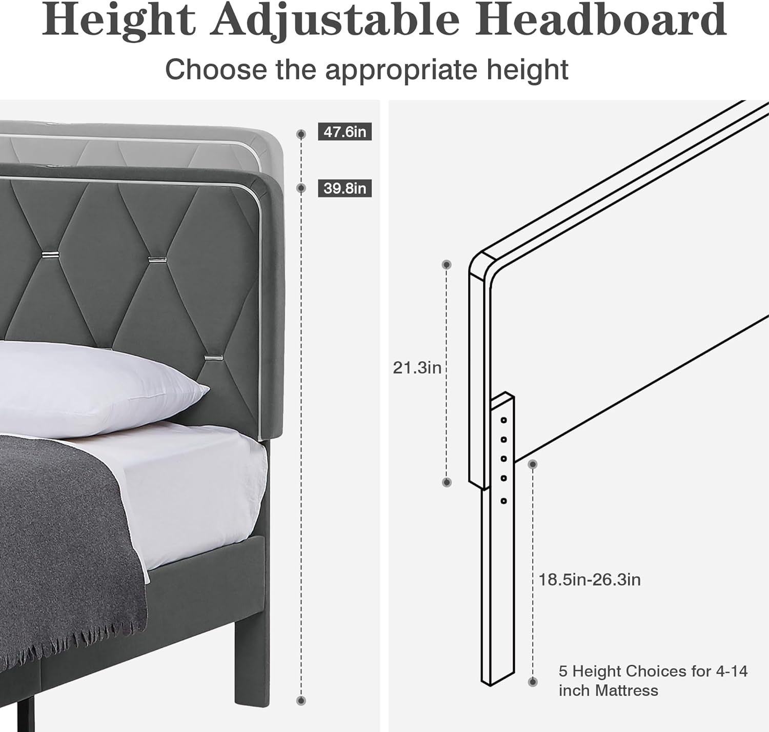 VECELO Upholstered Bed Frame with LED Lights, Charging Station, Velvet Platform Bed - VECELO