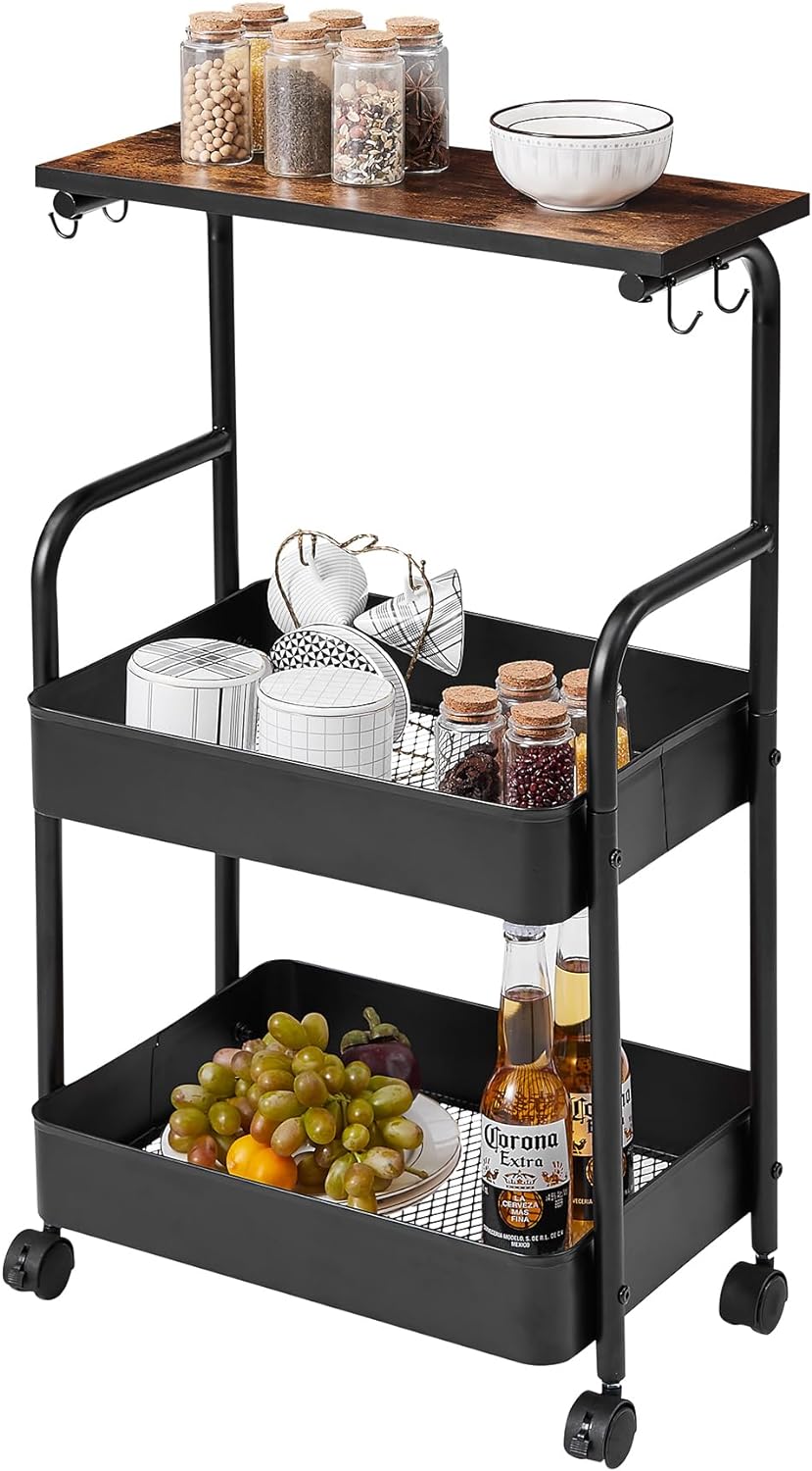 Storage Rolling Cart, 3 Tier Utility Cart Storage Unit Organizers