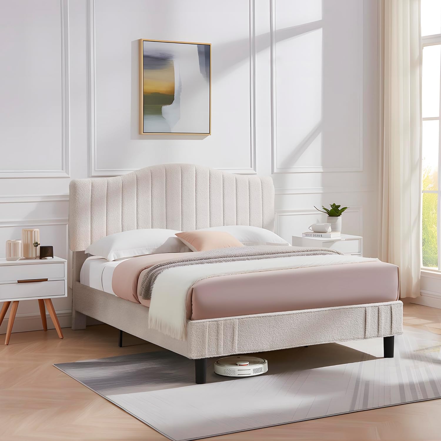VECELO Upholstered Platform Bed Frame with Sheepskin Fabric Adjustable Headboard/Strong Wood Slats Supports - VECELO