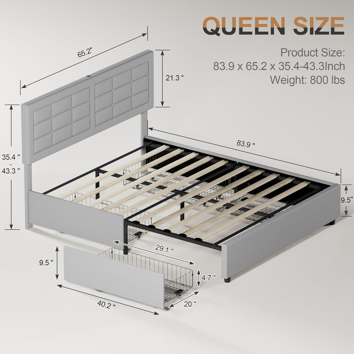 VECELO Bed Frame with 4 Drawers, Adjustable Tufted Button Headboard - VECELO