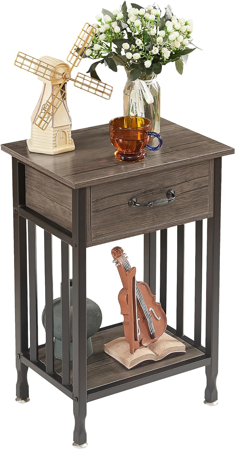 VECELO Industrial End Table,Nightstand with Drawer and Storage Shelf - VECELO