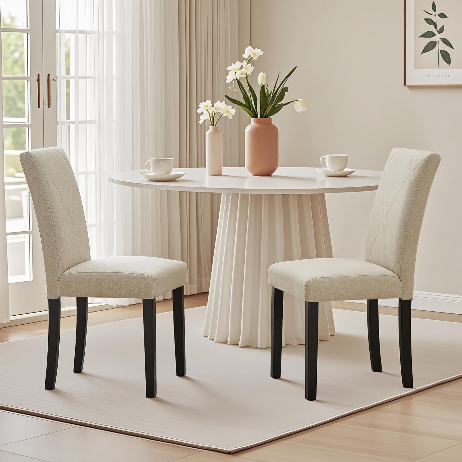 VECELO Upholstered Dining Chairs Set of 2 Modern Fabric and High Back & Solid Wood Legs for Kitchen - VECELO