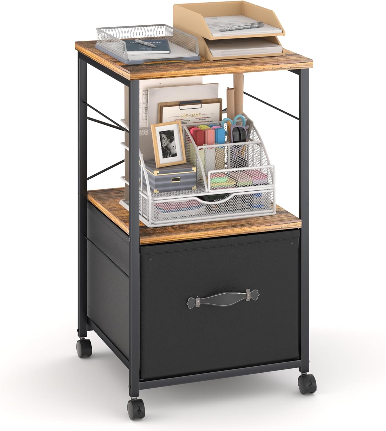 VECELO File Cabinet with Open Storage Shelf, Rolling Printer Stand with Large Fabric Drawer - VECELO