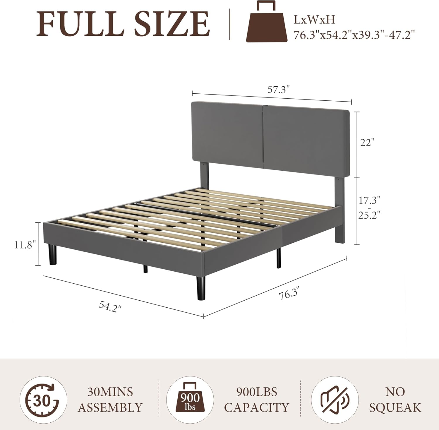 VECELO Twin/Full/Queen Bed Frame Upholstered Platform with Type-C & USB Ports Height-Adjustable Cotton and Linen Headboard - VECELO