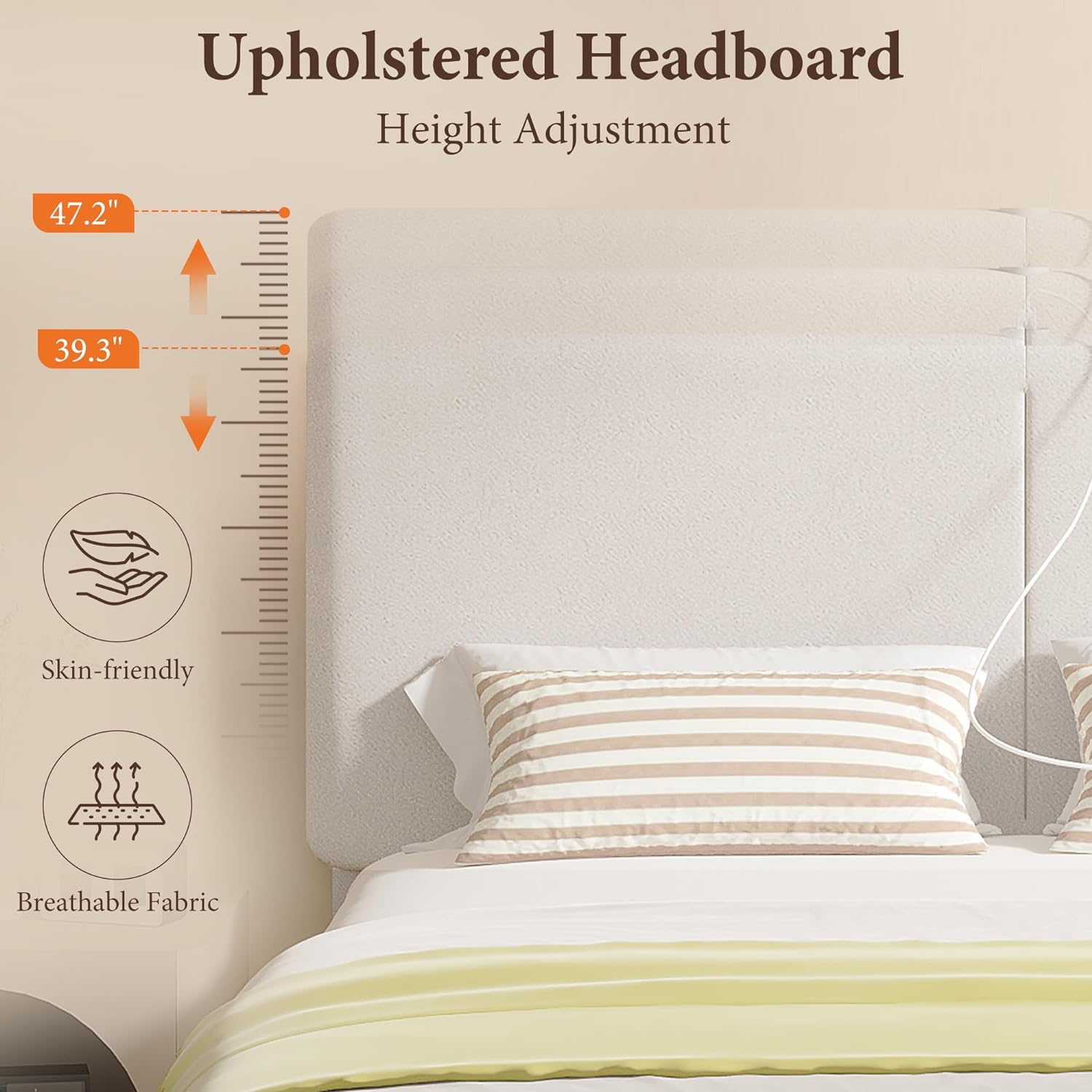 VECELO Twin/Full/Queen Bed Frame Upholstered Platform with Type-C & USB Ports Height-Adjustable Cotton and Linen Headboard - VECELO