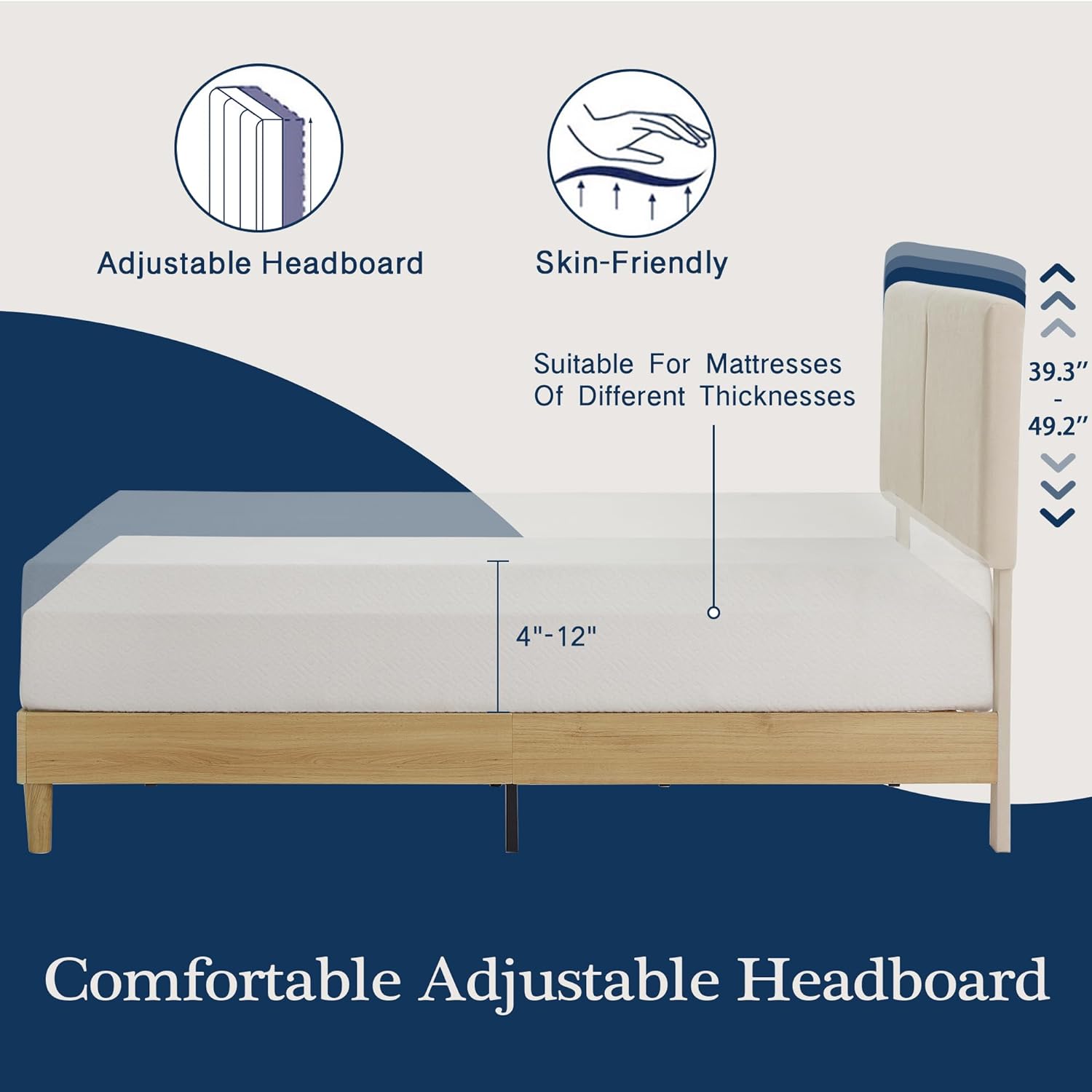 VECELO Upholstered Platform Bed Frame with Height-Adjustable Cotton and Linen Headboard - VECELO