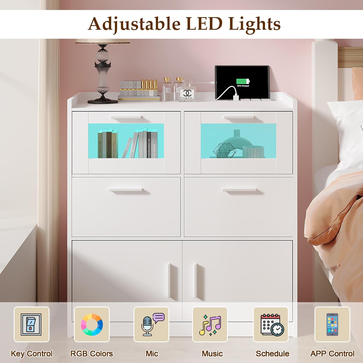 VECELO Dresser for Bedroom Chest of 4 Drawers/6 Drawer with Adjustable LED Lights - VECELO