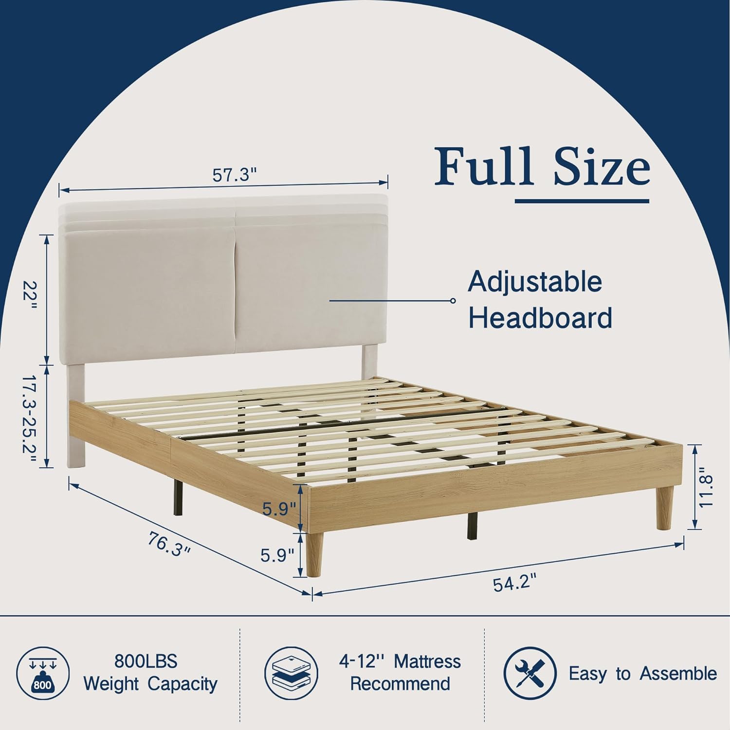 VECELO Upholstered Platform Bed Frame with Height-Adjustable Cotton and Linen Headboard - VECELO