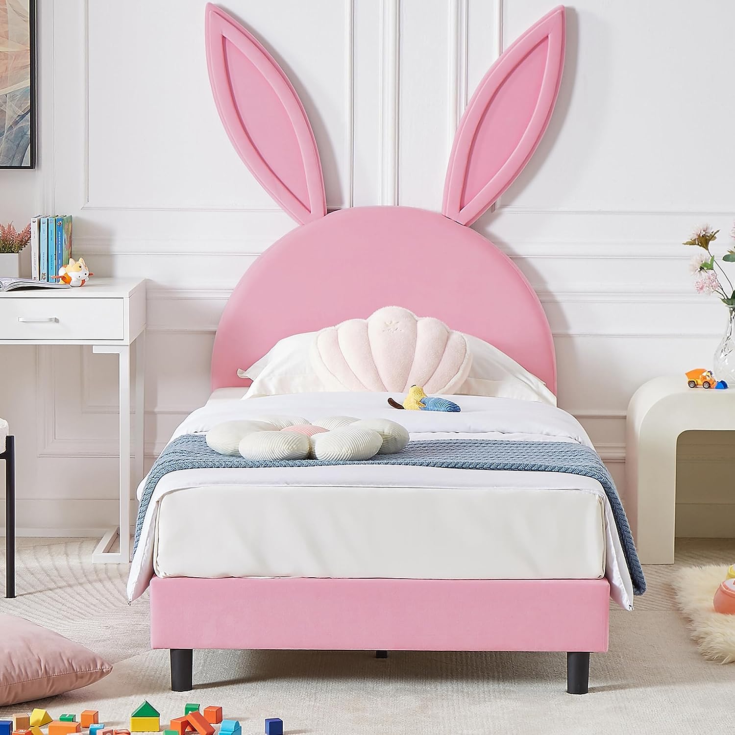 VECELO Kids Twin Bed Frame with Upholstered Headboard - VECELO