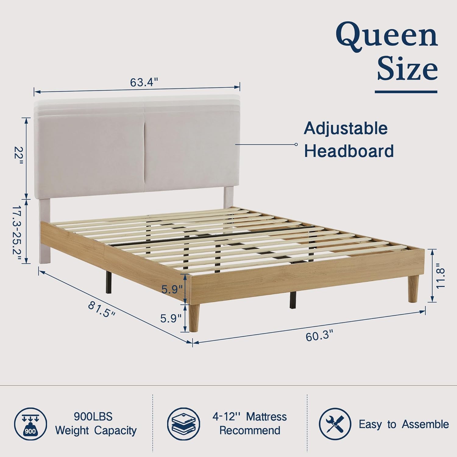 VECELO Upholstered Platform Bed Frame with Height-Adjustable Cotton and Linen Headboard - VECELO
