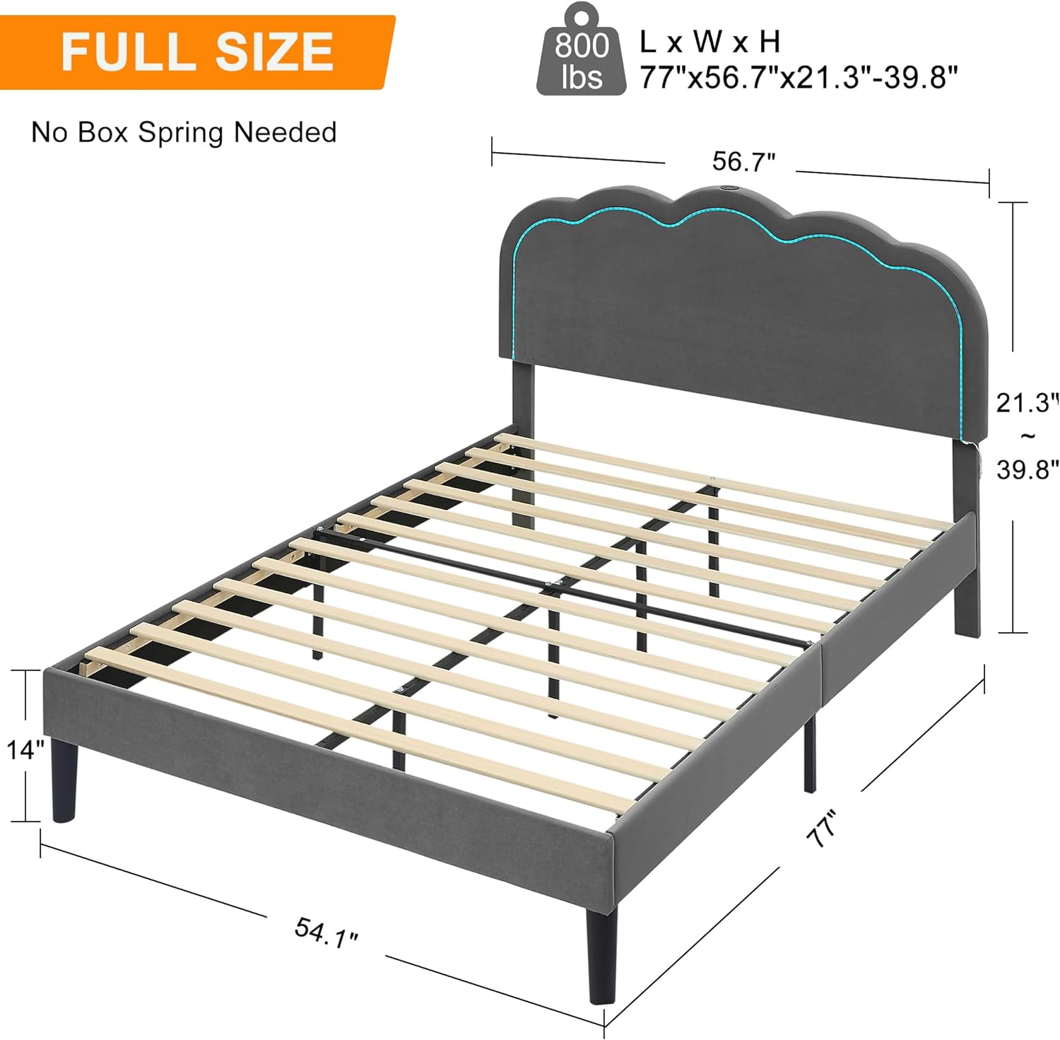 VECELO Upholstered Velvet Platform Bed Frame with Headboard Adjustable, LED Lights, USB-A & Type-C - VECELO