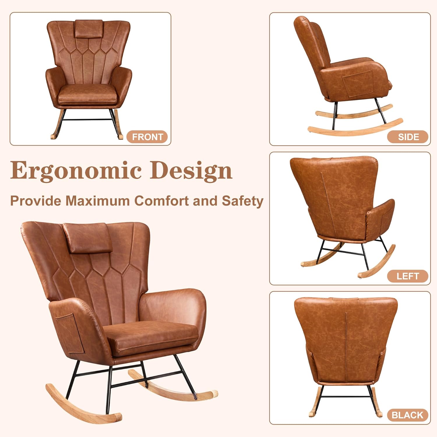 VECELO Rocking Chair Nursery with Thick Headrest, Modern Teddy Upholstered Reading Glider Rocker Accent Armchair with High Backrest - VECELO