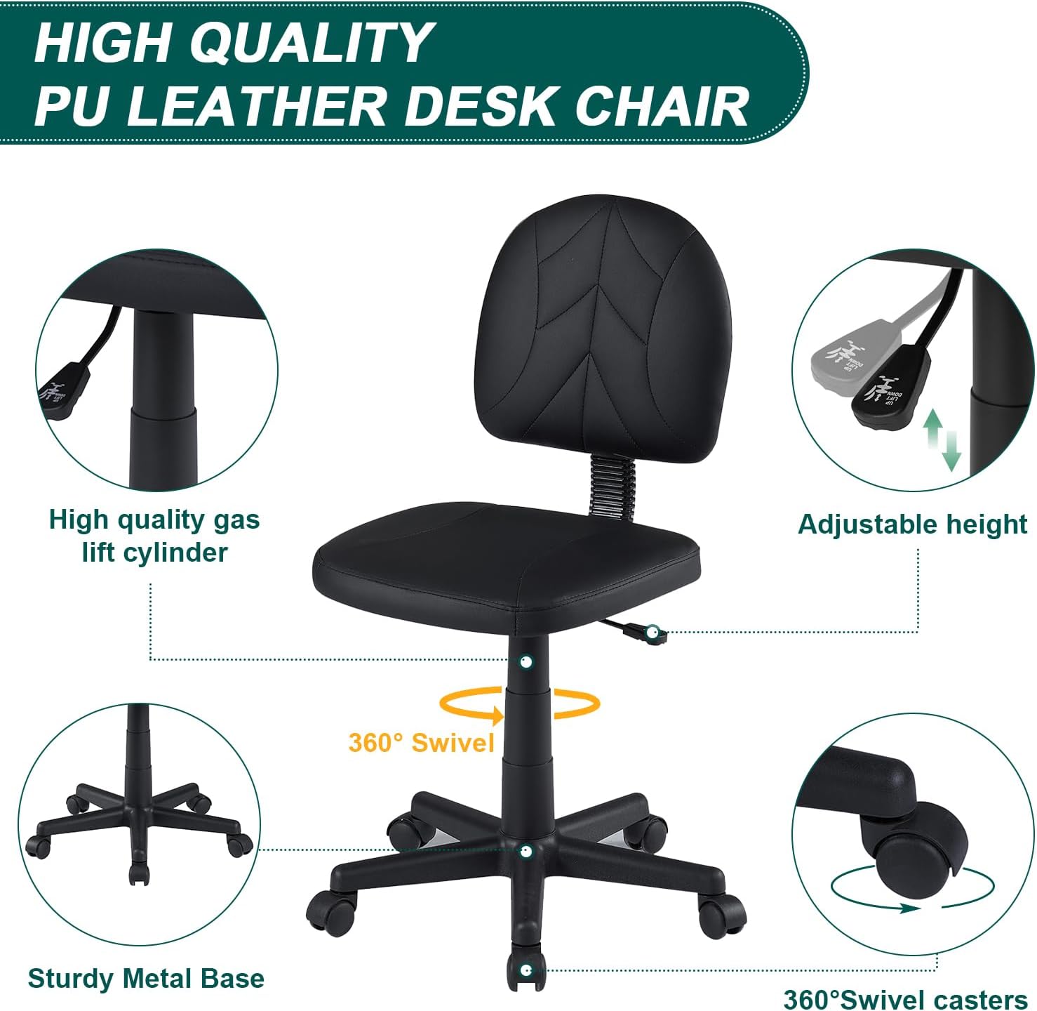 VECELO Small Desk Armless Low-Backrest PU Leather Ergonomic Computer Chair - VECELO