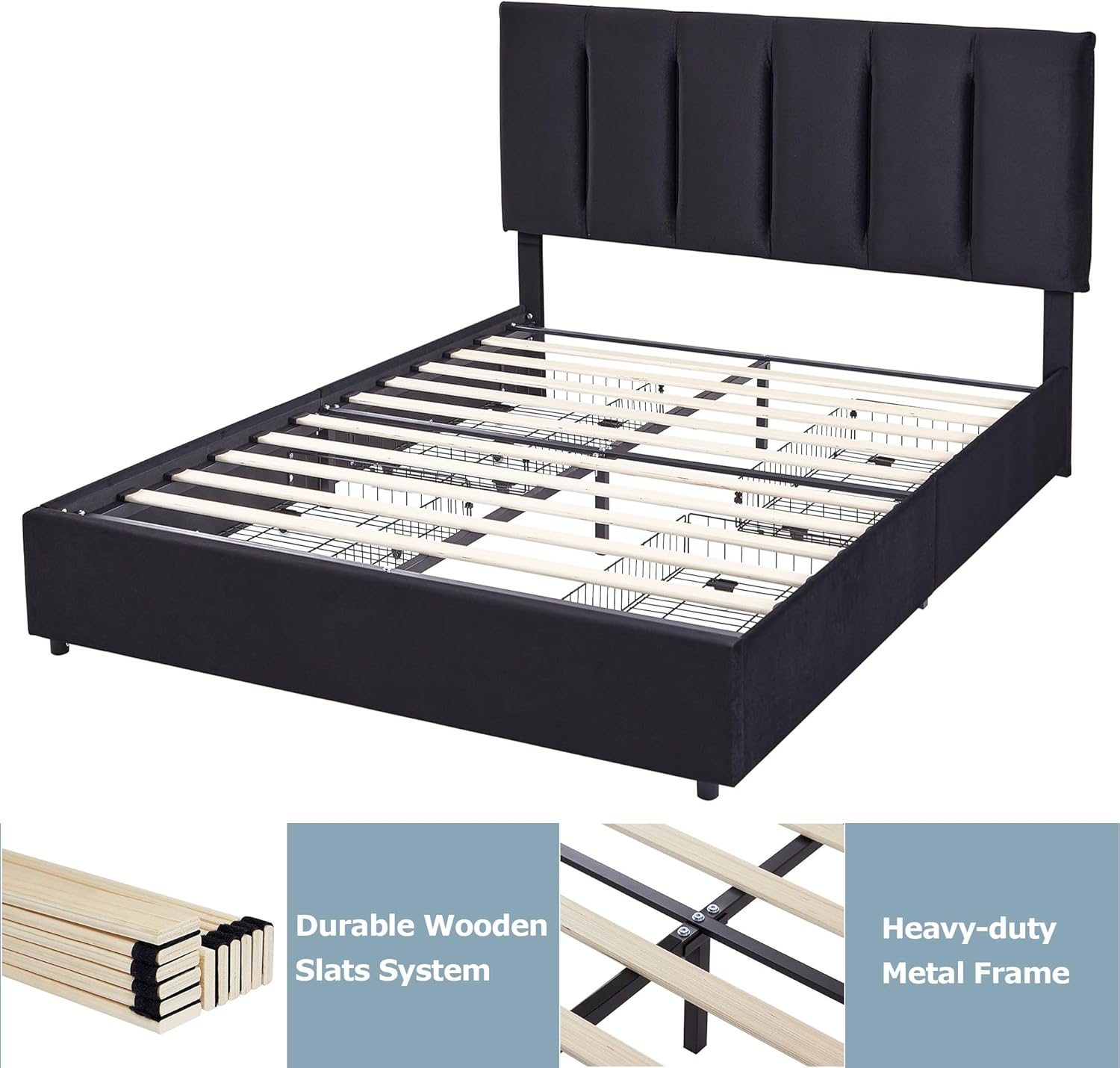 VECELO Upholstered Bed Frame with 4 Storage Drawers and Adjustable Velvet Headboard - VECELO