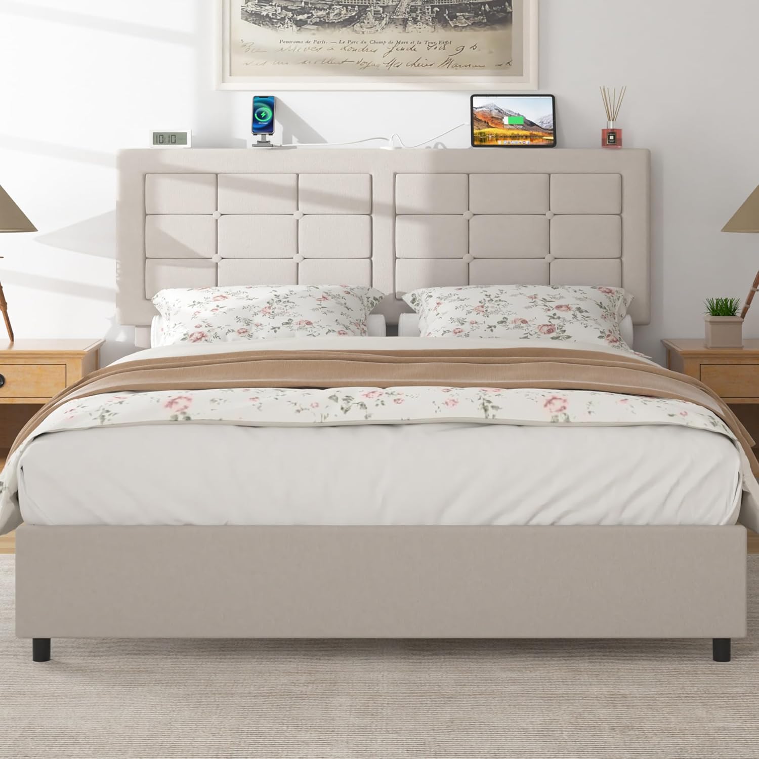 VECELO Bed Frame with 4 Drawers, Adjustable Tufted Button Headboard - VECELO
