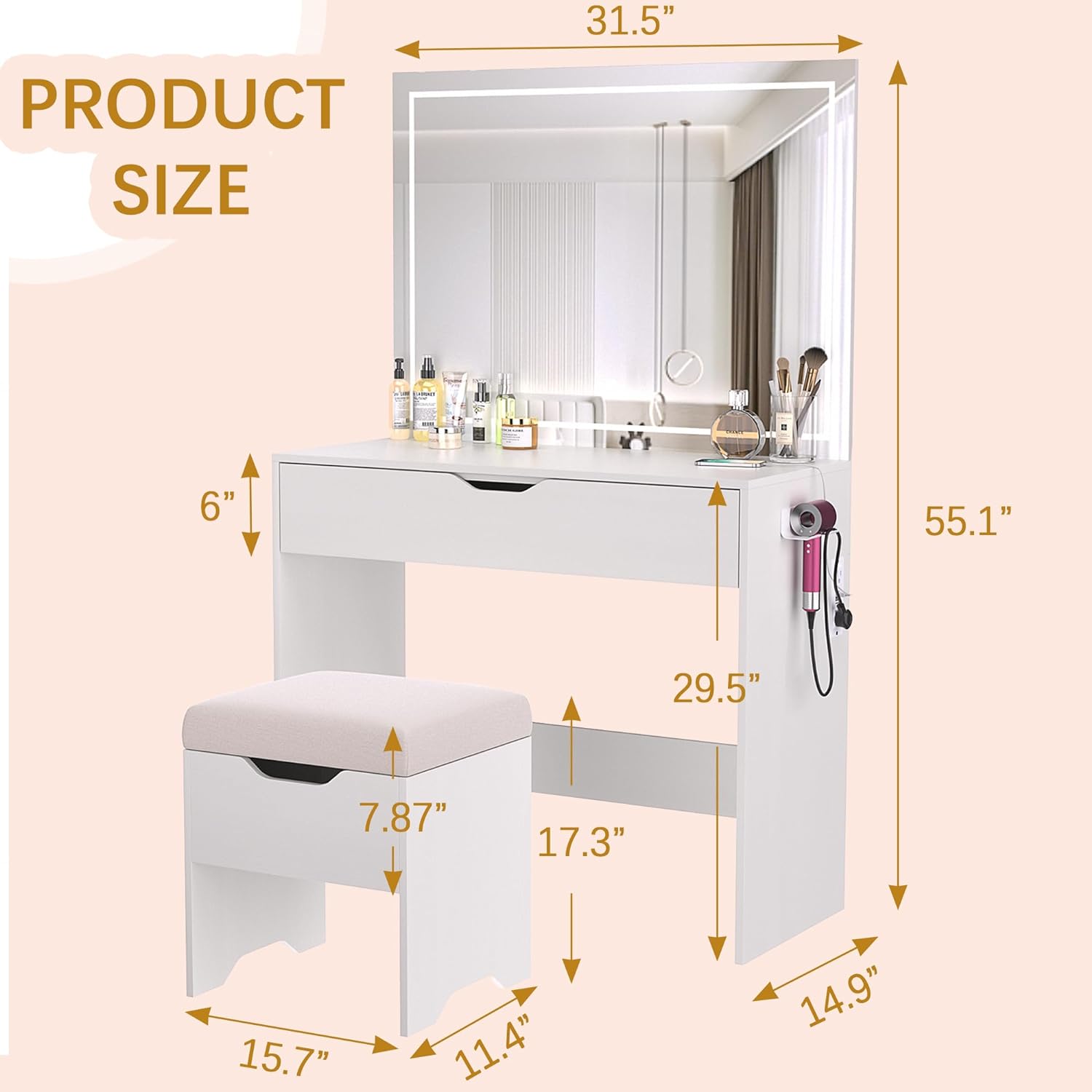Vanity Desk Set with LED Adjustable Lighted Mirror & Power Outlet