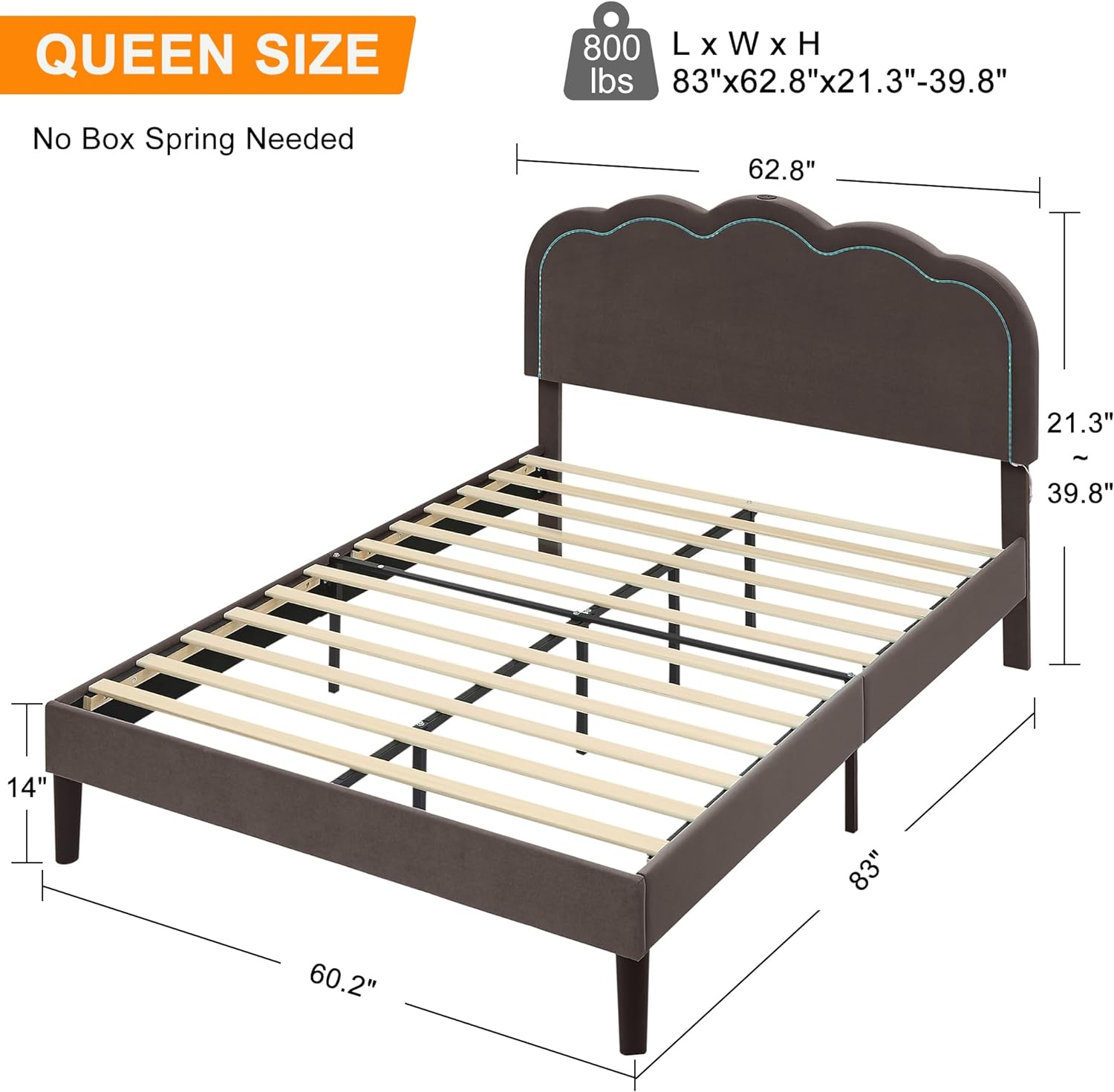 VECELO Upholstered Velvet Platform Bed Frame with Headboard Adjustable, LED Lights, USB-A & Type-C - VECELO