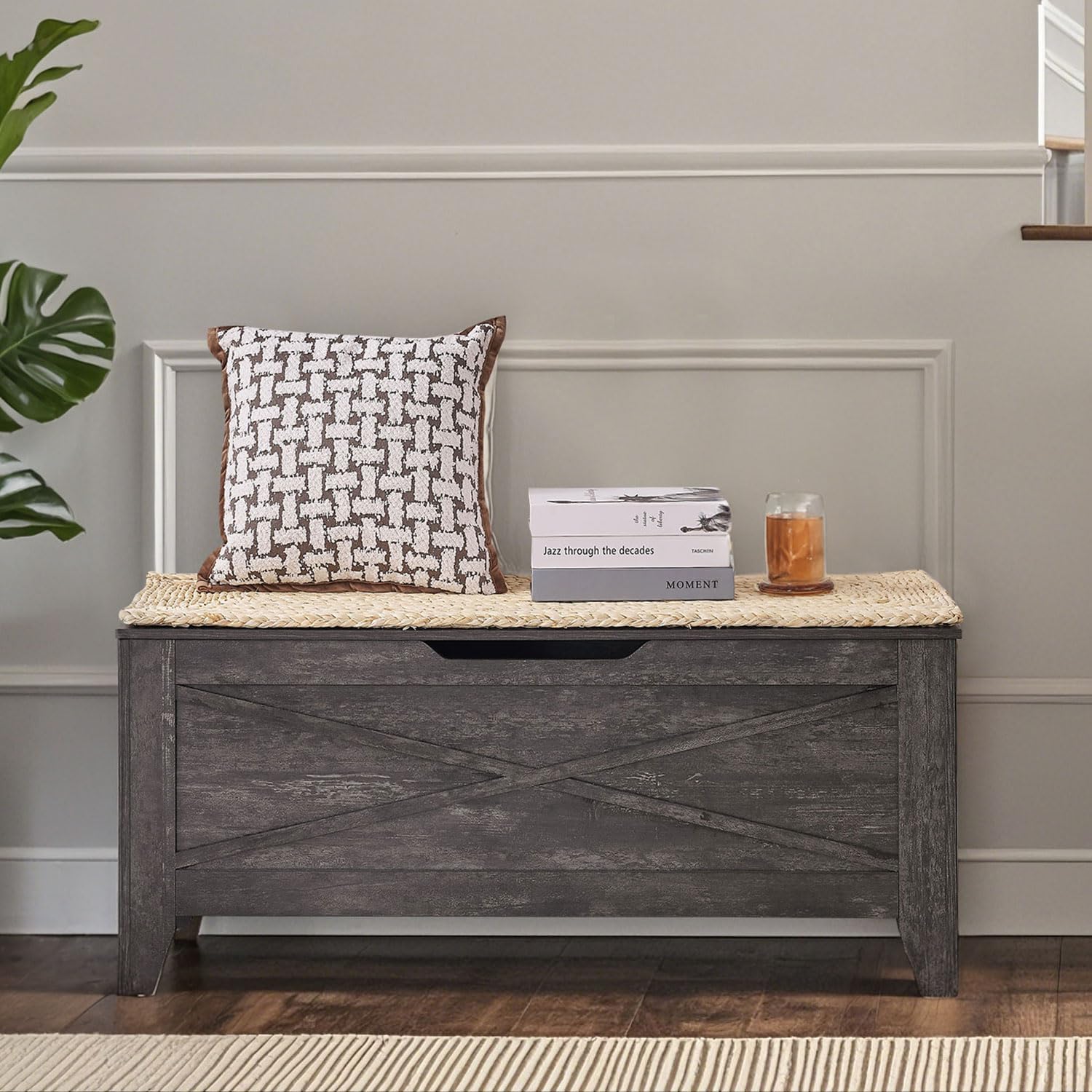 VECELO Storage Bench,43.3in Wooden Chest for Storage with Safety Hinges Wicker-Kont Mats - VECELO