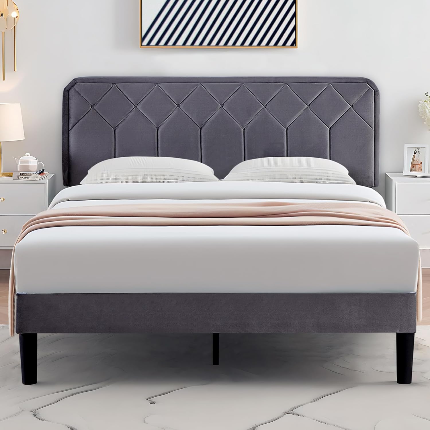 VECELO Premium Leather Upholstered Platform Bed Frame - VECELO