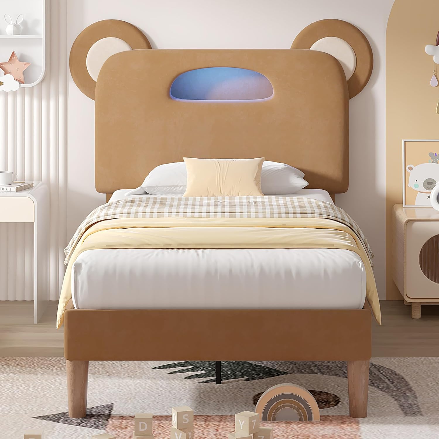 VECELO Twin Size Bed Frame with LED Light, Upholstered Platform Bedframe with Bear Adjustable Headboard - VECELO