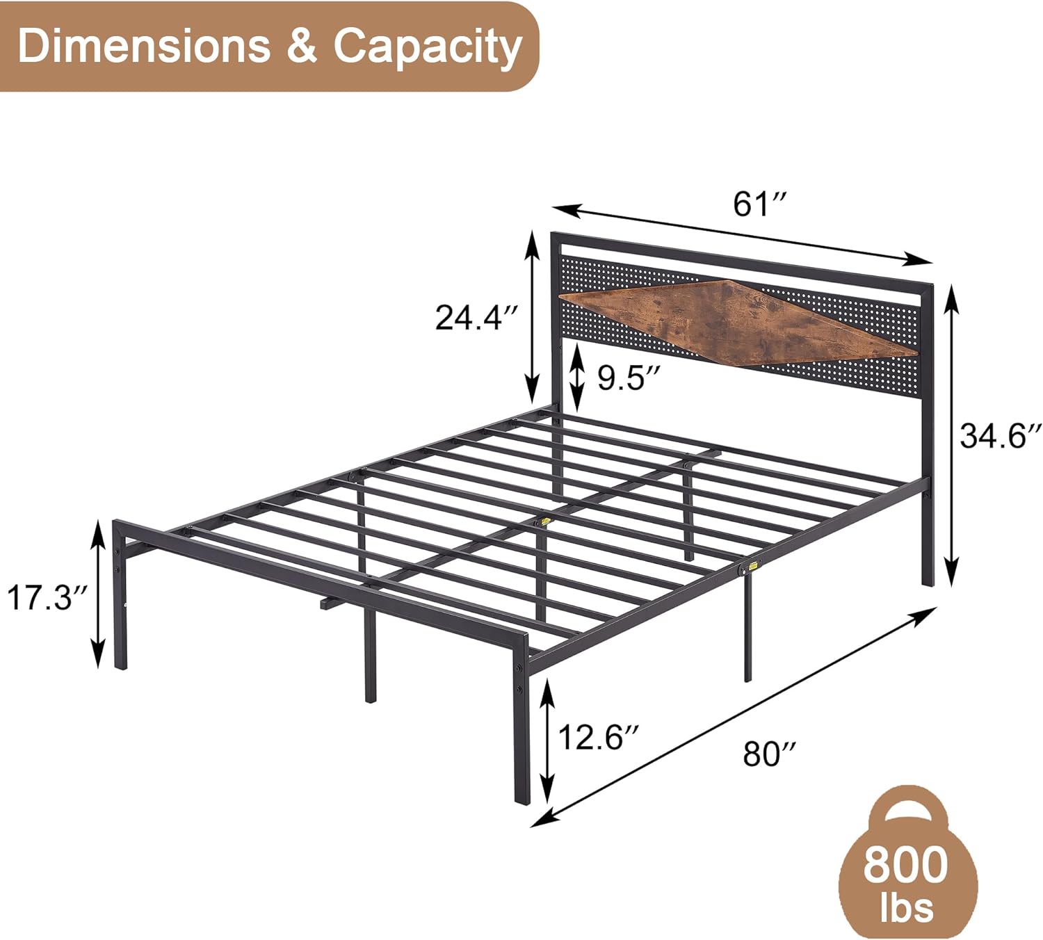 VECELO Metal Bed Frame Platform with Wood Grain Headboard&Footboard - VECELO