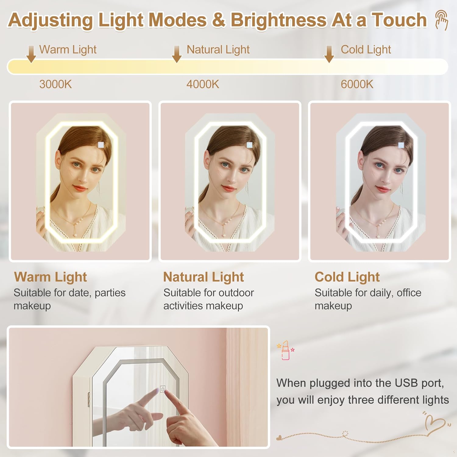 VECELO LED Jewelry Cabinet, Wall/Hanging Mount Jewelry Organizer with Frameless Lighted Mirror - VECELO