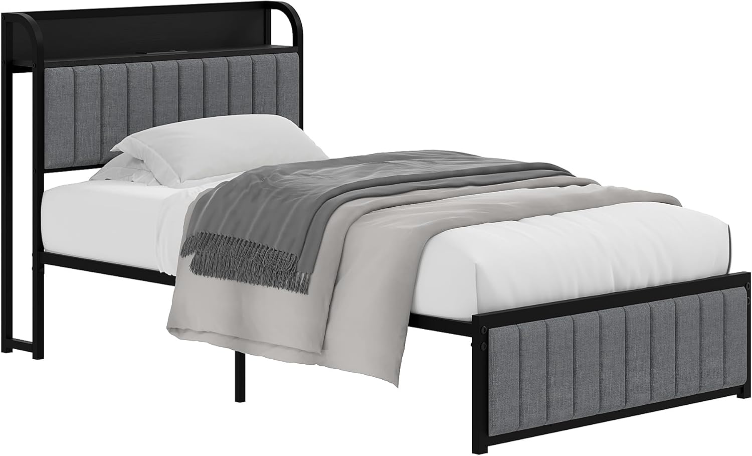 VECELO Twin Bed Frame, Storage Upholstered Headboard with Charging Station - VECELO
