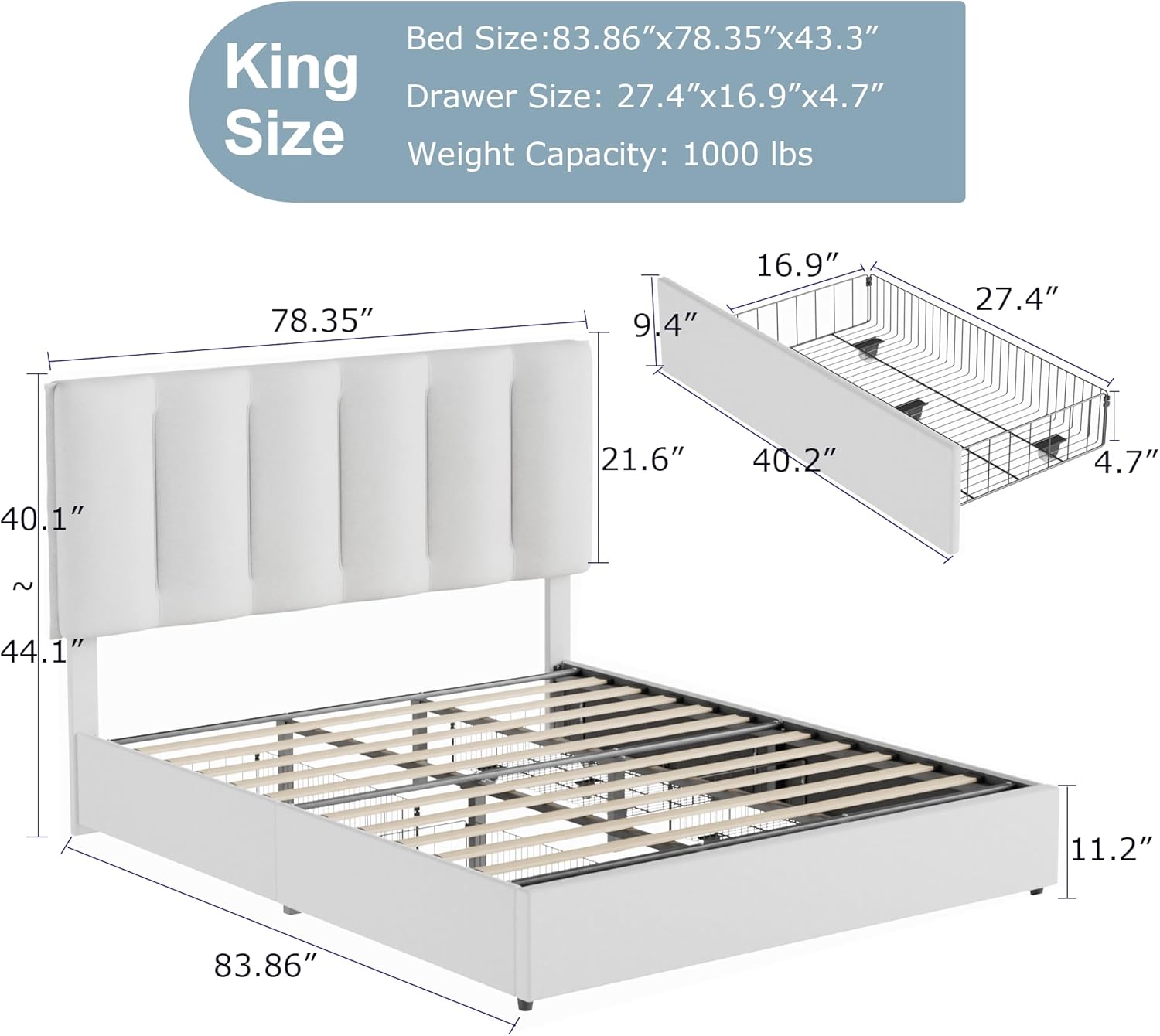 VECELO Upholstered Bed Frame with 4 Storage Drawers and Adjustable Velvet Headboard - VECELO