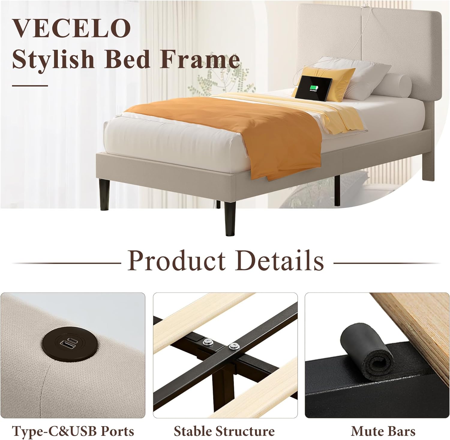 VECELO Twin/Full/Queen Bed Frame Upholstered Platform with Type-C & USB Ports Height-Adjustable Cotton and Linen Headboard - VECELO