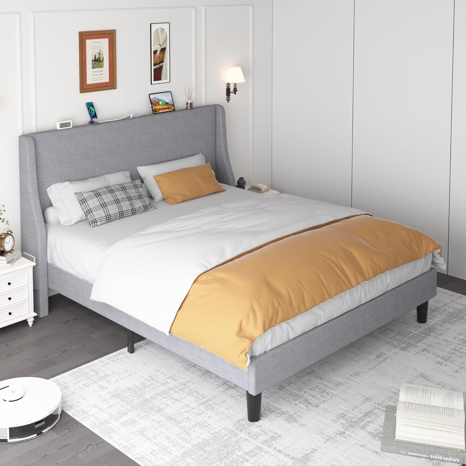 VECELO Bed Frame with Upholstered Wingback Headboard - VECELO